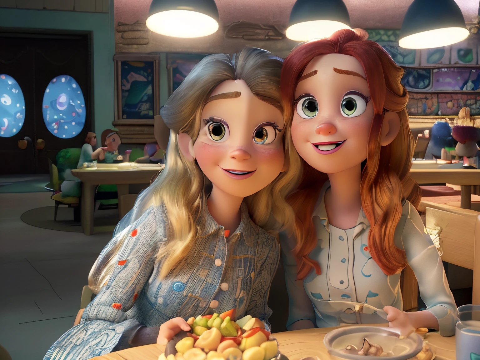 two women sitting at a table with food and a bowl of food, woman on left blonde hair, blue eyes, woman on right brown eyes and red hair, photorealistic disney, pixar portrait 8 k photo, in style of disney animation, animated film, sisters, disney pixar movie still, in style of disney pixar, render in pixar, full resolution, frame from pixar movie, # film, animated movie, animated movie still, disney pixar 8 k photo