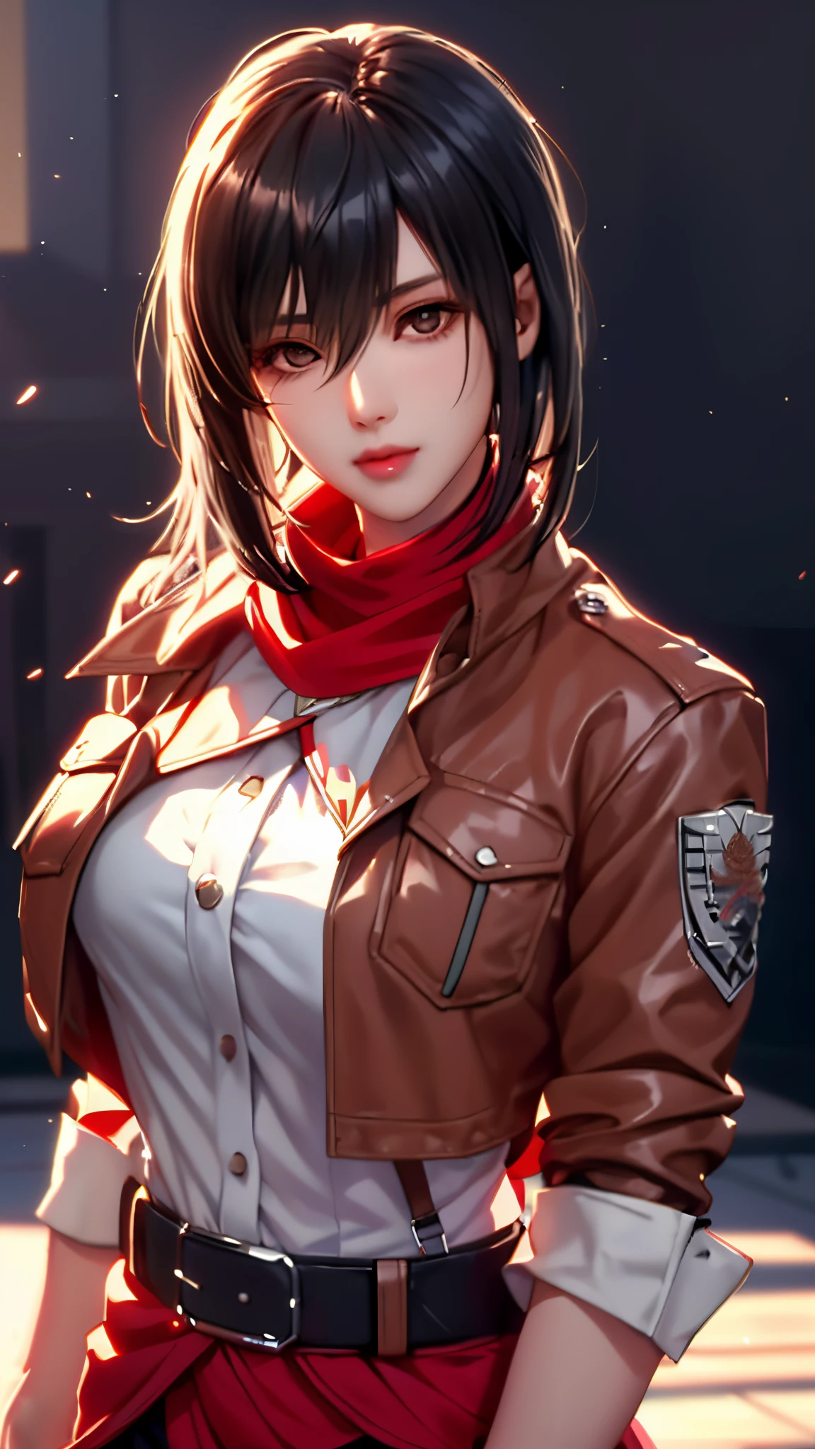 (((planning_ackerman,through bangs, obi strip, belt buckle, 黑The eye, black hair color hair, Brown belt, Brown jacket, Buckle up, Formal shirts, hair between eye, jaket, longer sleeves, Medium hair, Open your clothes, Open jacket, uniform of heaven, red neckchief, The shirt, ))),((tmasterpiece)),A high resolution, ((Best quality at best)),tmasterpiece,top-quality,Best quality,((( exquisite facial features,looking at viewert,There is light in the eyes,Smilingly,Self-confident ))),(((Light and shadow interlace,huge boob))),(((araf asian woman posing, beautiful Korean women, Sam rice cereal, Realistic young gravure idol, Lop, beautiful attractive anime woman, Korean girls, gorgeous chinese models, Japan goddess, drying,and the sun was shining brightly, seductive anime girls, gorgeous young korean woman, yanjun chengt)))