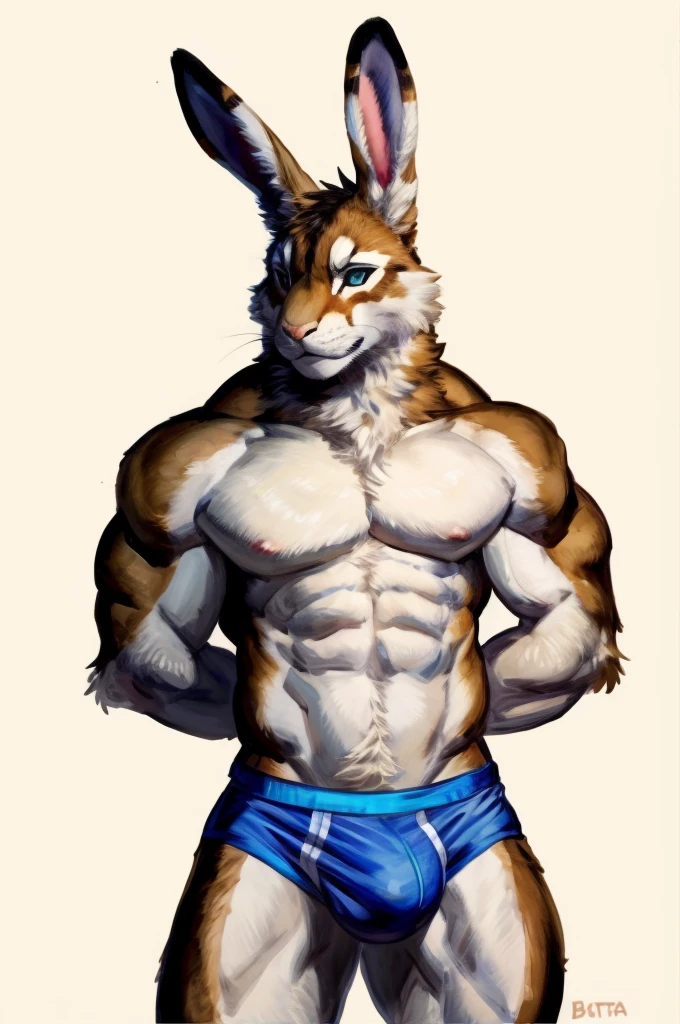 Solo, Furry, Rabbit, Anthro, Male, E621, Standing, Muscular, Hands behind back, Wearing underwear, Front view, Plain background, Front view, Clara fur, By buta99