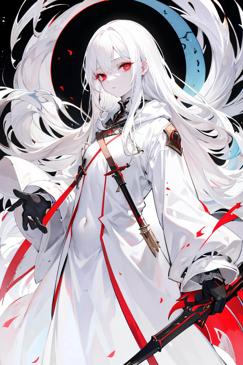 White hair, Fair skin, Albino women,  Long hair, White clothes, coat, spear, Sign of holding a weapon with one hand, expressionless red eyes