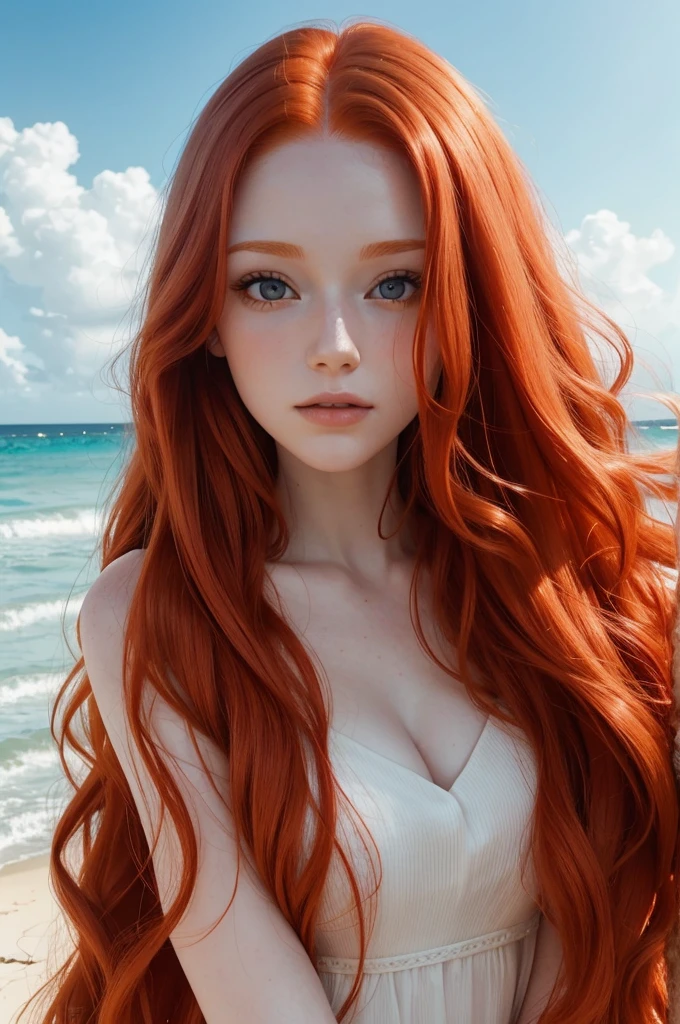 a close up of a woman with long red hair on a beach, with pale skin, soft portrait shot 8 k, natural soft pale skin, flowing ginger hair, soft flawless pale skin, ginger wavy hair, redhead girl, beautiful redhead woman, pale skin curly blond hair, extremely beautiful face, lovely delicate face, beautiful delicate face, with curly red hair, redhead woman