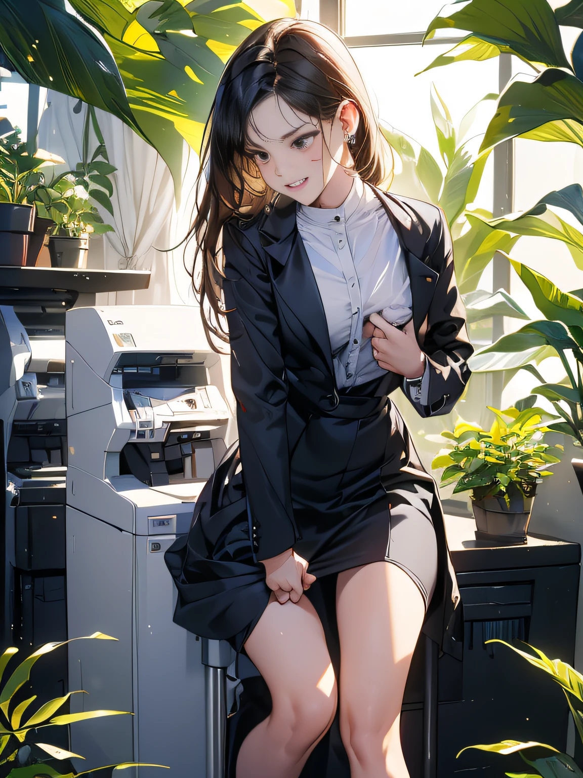 (looking away, shift off center, cinematic perspective), 1woman, (((Precise facial depiction))), (((X stands for the copy machine in this prompt))), ((put on her foot X))), (orgasm face), ((wearing suit)), small earrings, small breast, tight skirt, ((plants)), in the office,