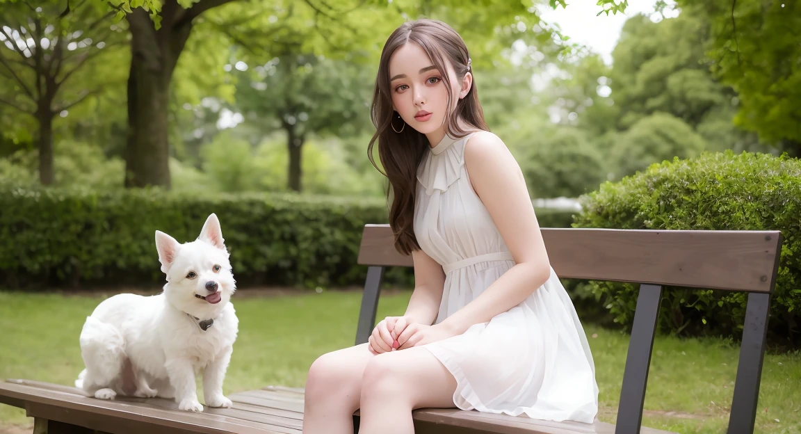 arafed woman sitting on a bench in a park with a dog, portrait sophie mudd, dilraba dilmurat, lovely delicate face, 2 4 year old female model, beautiful delicate face, soft flawless pale skin, very pretty face, anna nikonova aka newmilky, bella poarch, soft portrait shot 8 k, kailee mandel