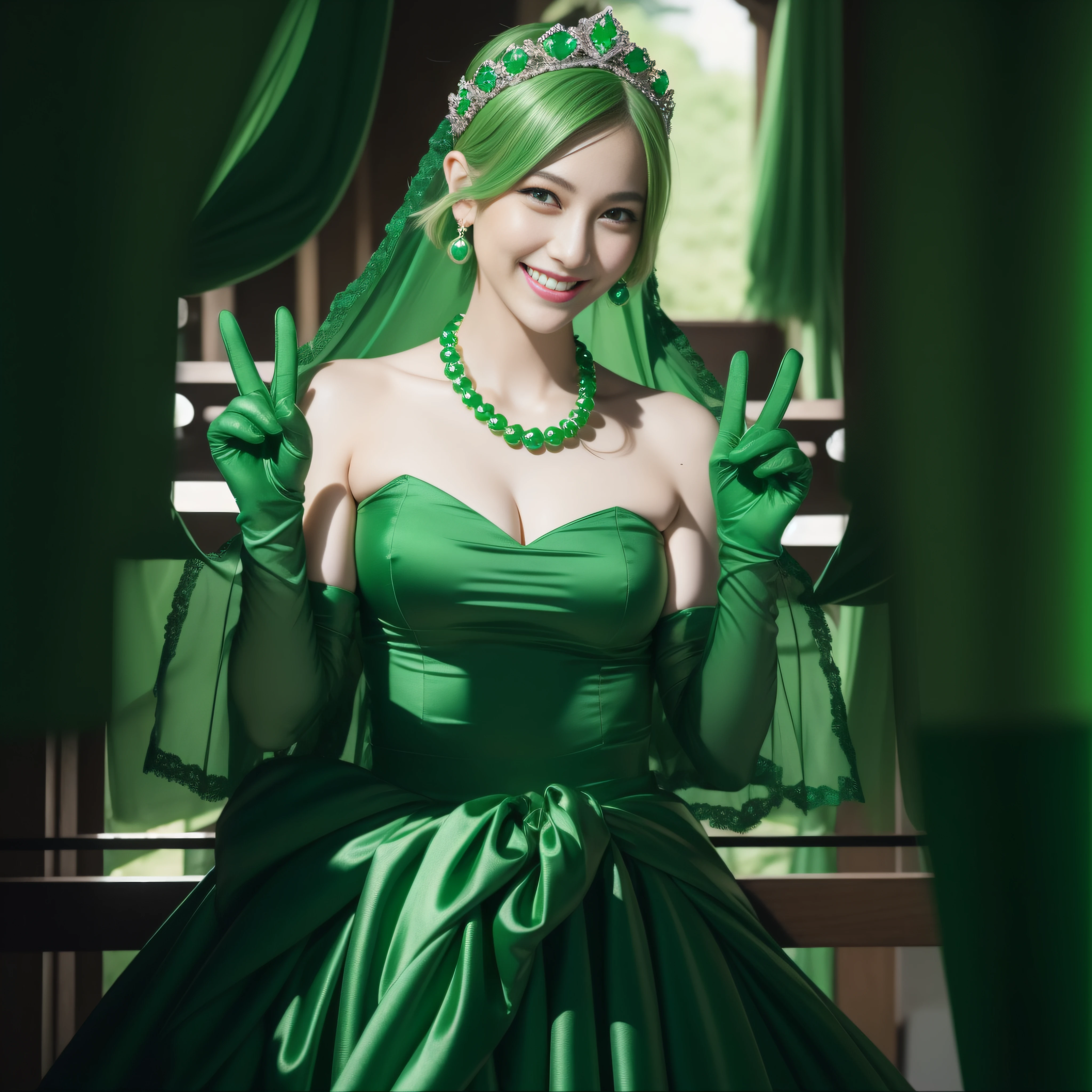 emerald tiara, Green Pearl Necklace, Boyish very short green hair, lipsticks, Japan woman smiling, very short short hair, big breasts beautiful, Green eyes, Long green gloves made of satin material, Green eyes, Emerald Earrings, green vale, v sign
