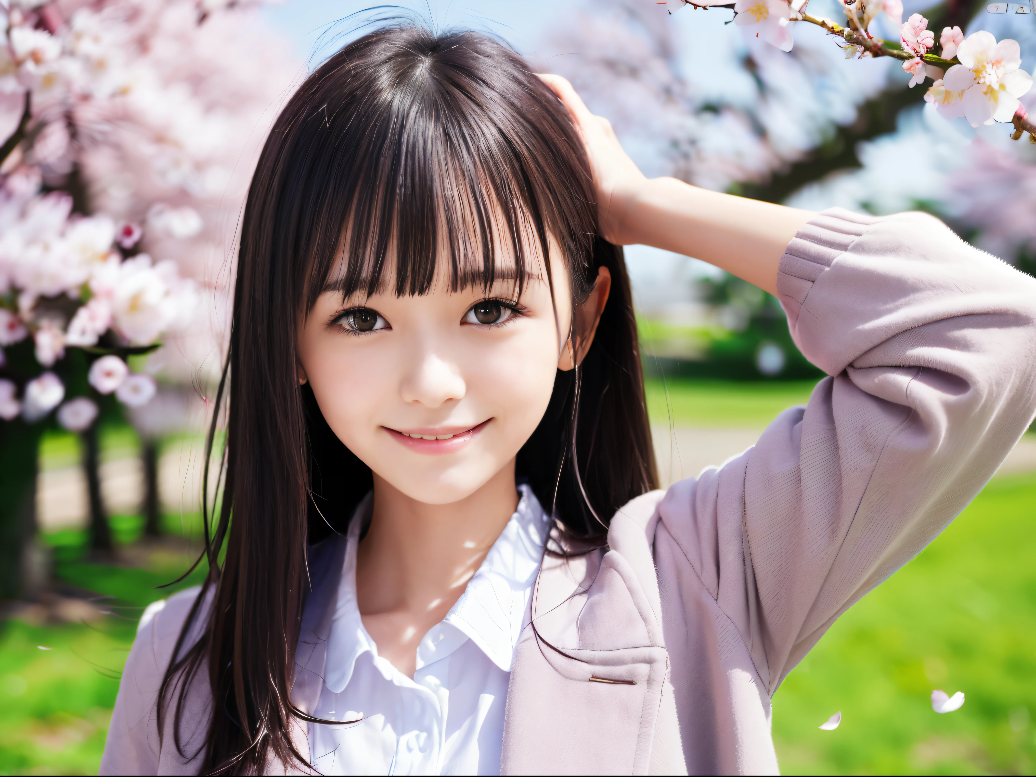 highest quality, High resolution, Realistic photo, Detailed skin texture, (Cute 8 year old Japanese girl wearing a short white camisole), (Flat Chest:1.5), To the camera, Slim figure, Fair skin, View your viewers, focus on face, Straight long hair, In the park with cherry blossoms falling, (loli:1.2)