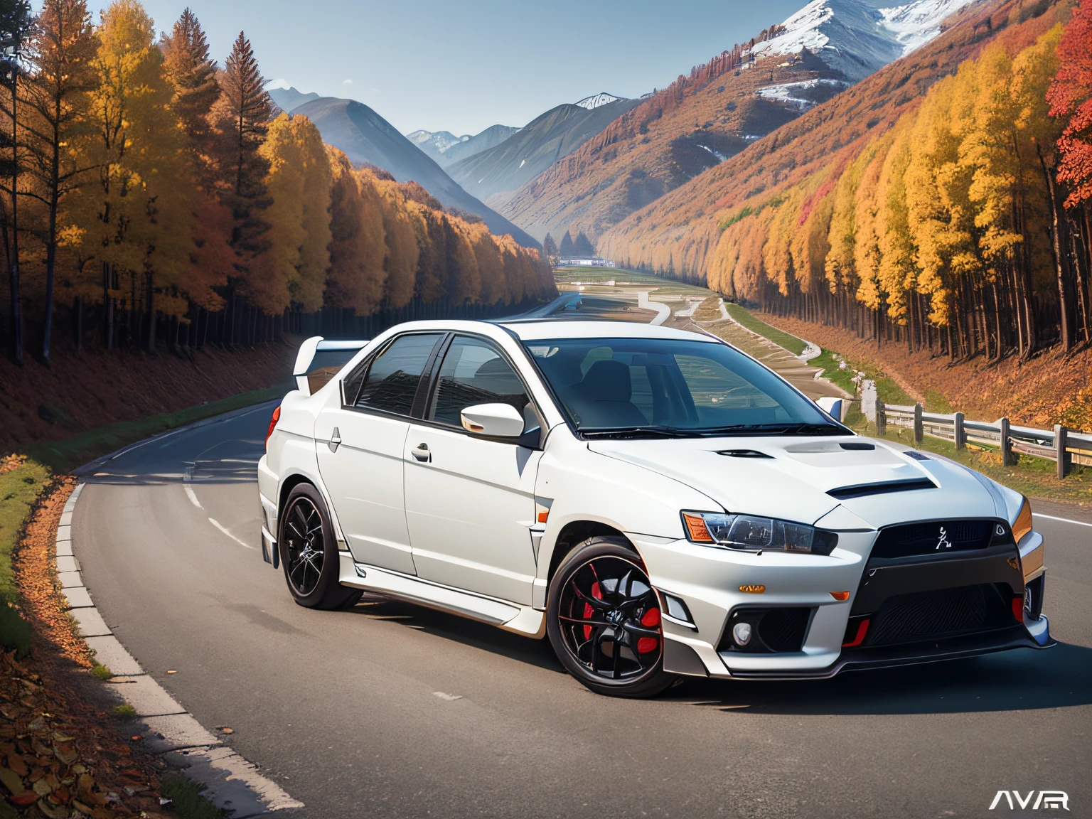 超A high resolution、An ultra-high picture quality、8K、Detailed details、marvelous expression、Late autumn valley、Beautiful autumn leaves、A white car driving gracefully on a mountain pass built along the mountain、((MITSUBISHI Lancer Evolution V 2000VR-X))