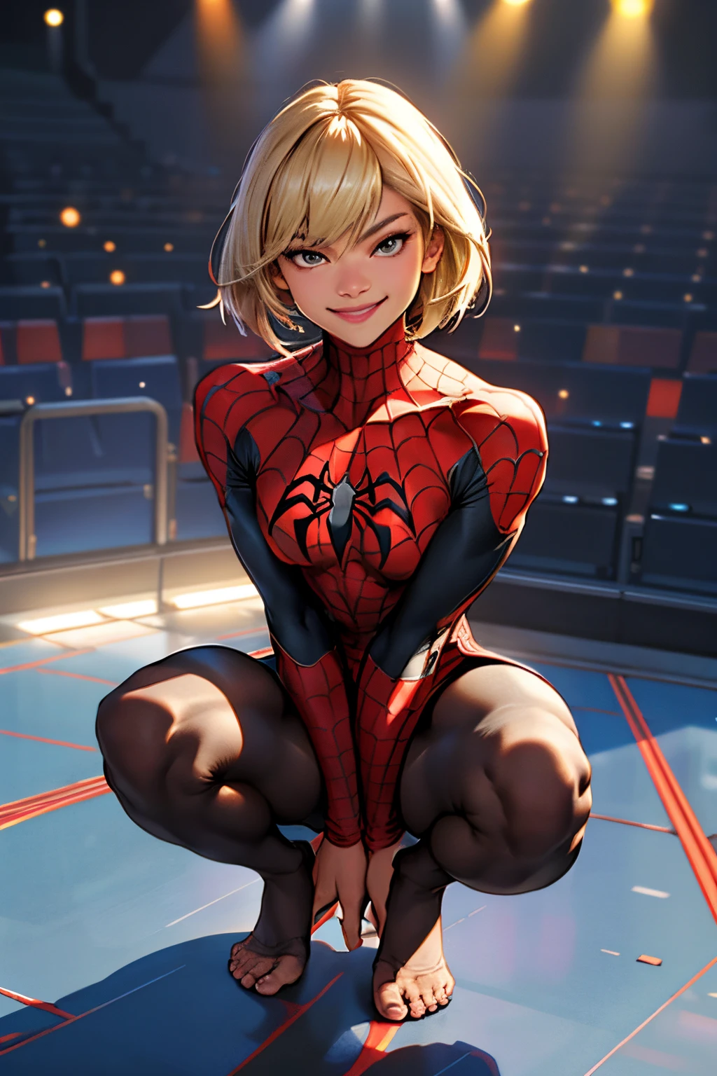 show entire body, feet in view, aerial view, Zendaya, blonde, spider woman, smiling, seamless pantyhose, no shoes, short tight skirt, squatting , legs open, facing audience, 8k, photorealistic