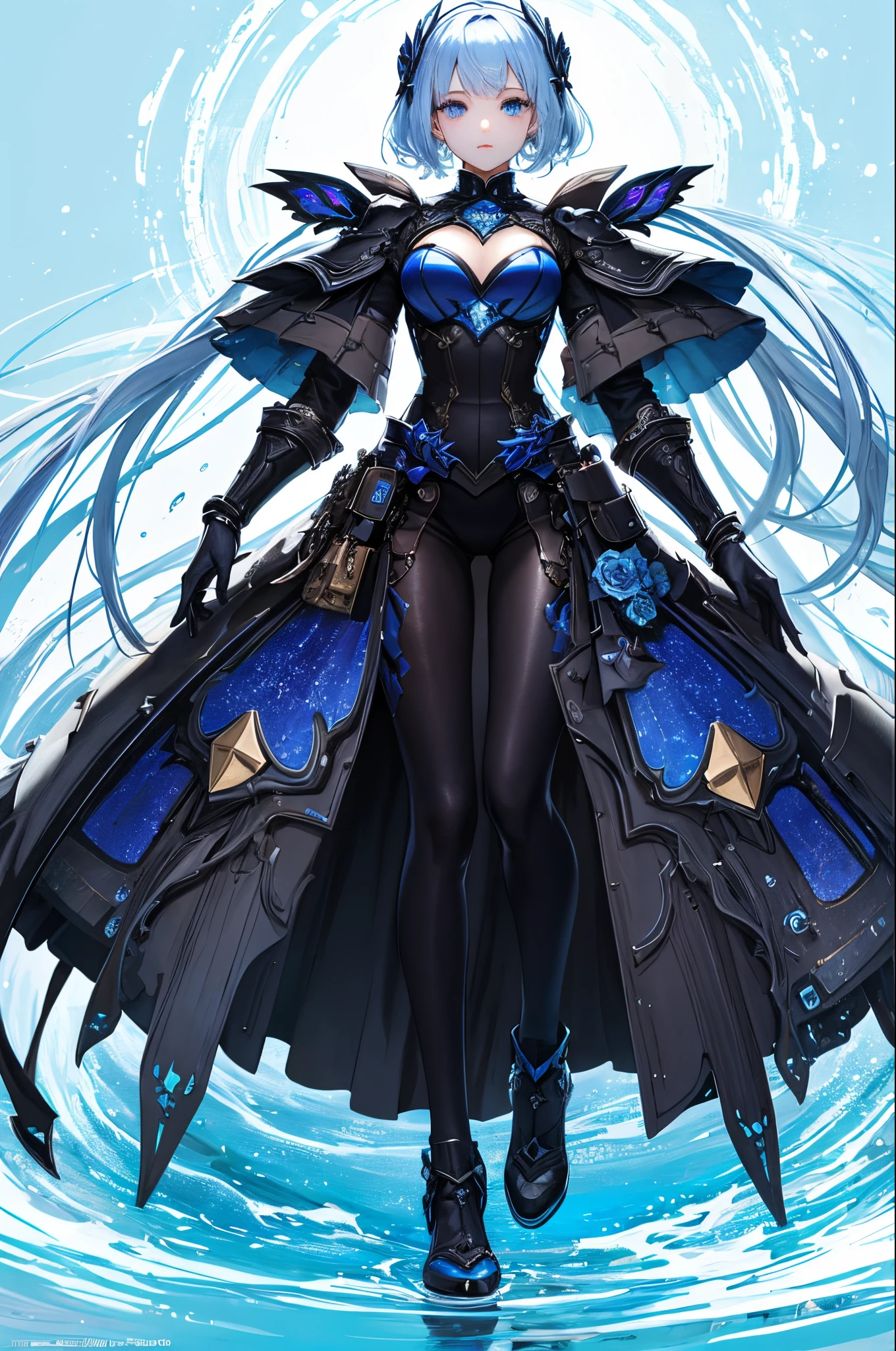 top-quality、Top image quality、masterpiece、超A high resolution、Android Beautiful Girl、, Cybersuit glowing black, The source of red energy on the chest、Blue hair、short-haired,Blue eyes、A slender、Gentle smile、The face is depicted in detail、Eyes are drawn in detail、Clothes are depicted in detail、hiquality、Beautiful Art、Fantastic Universe、Elaborate design、The background is detailed、soio、sorcerer、animesque、illustratio、Full body front