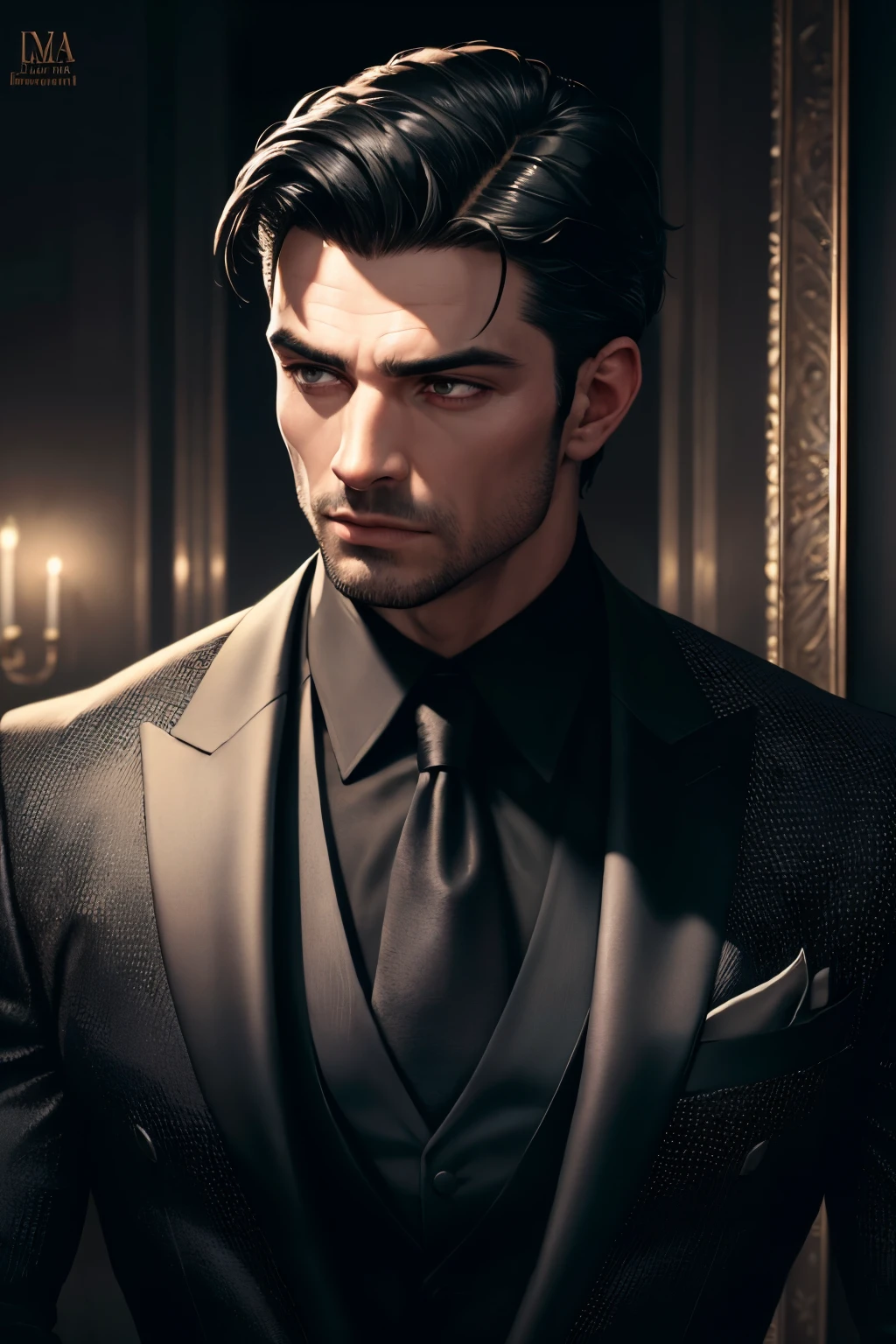 realistic (muscular man:1.1) mob boss, wearing intricate black elegant suite, portrait, short hair, jewelry, in a nightclub, spot lighting the scene, detailed background, intricate details, (illustration), masterpiece, high resolution, best quality.