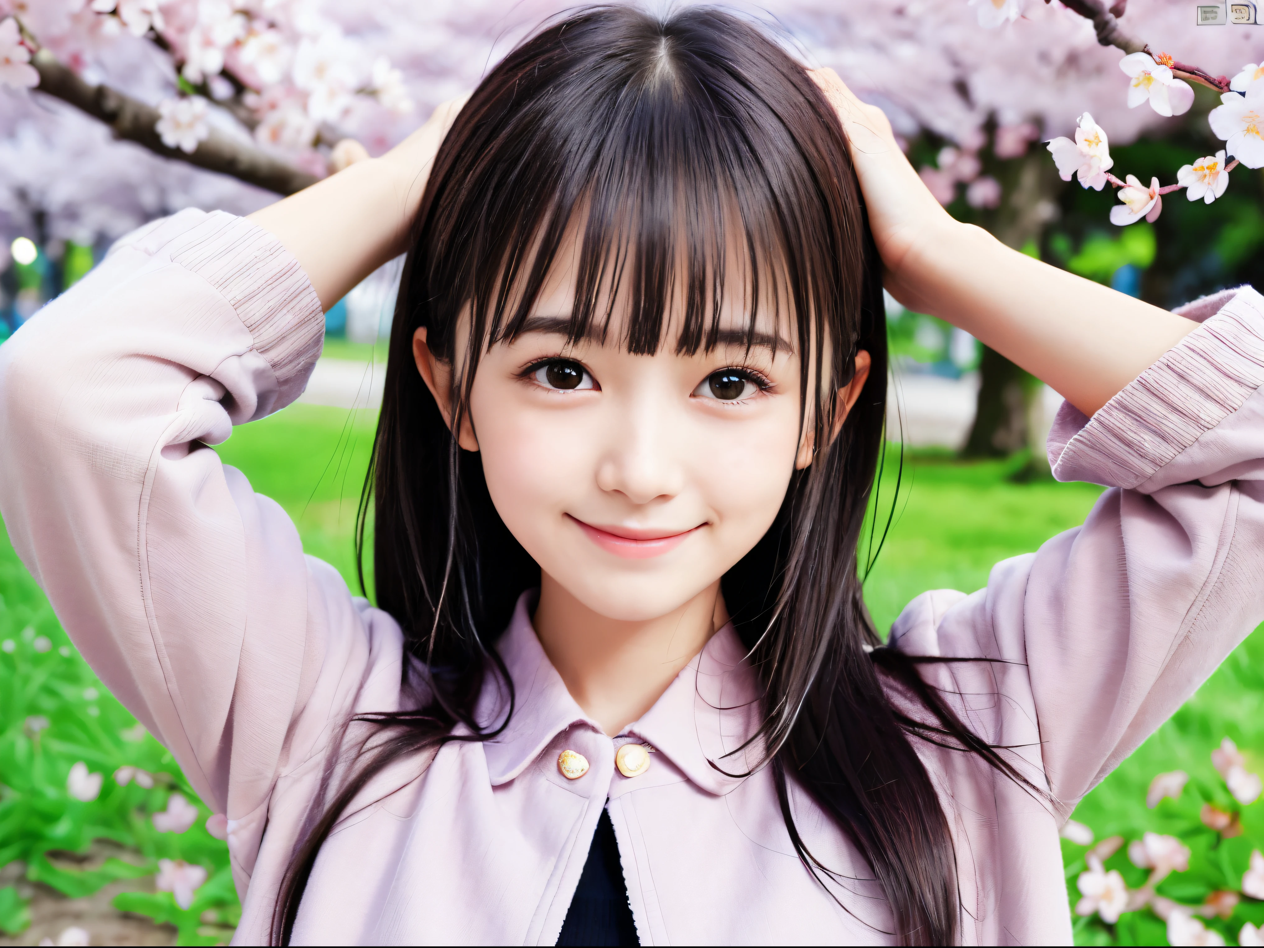 (Close up portrait of slender small breasts half up hair with dull bangs girl in pastel colored jacket and shirts:1.5)、(A girl open her arms wide with small smile and her hair fluttering :1.5)、(Rows of cherry blossom trees in full bloom and cherry blossom petals dancing in the wind:1.5)、(Perfect Anatomy:1.3)、(No mask:1.3)、(complete fingers:1.3)、Photorealistic、Photography、masutepiece、top-quality、High resolution, delicate and pretty、face perfect、Beautiful detailed eyes、Fair skin、Real Human Skin、pores、((thin legs))、(Dark hair)