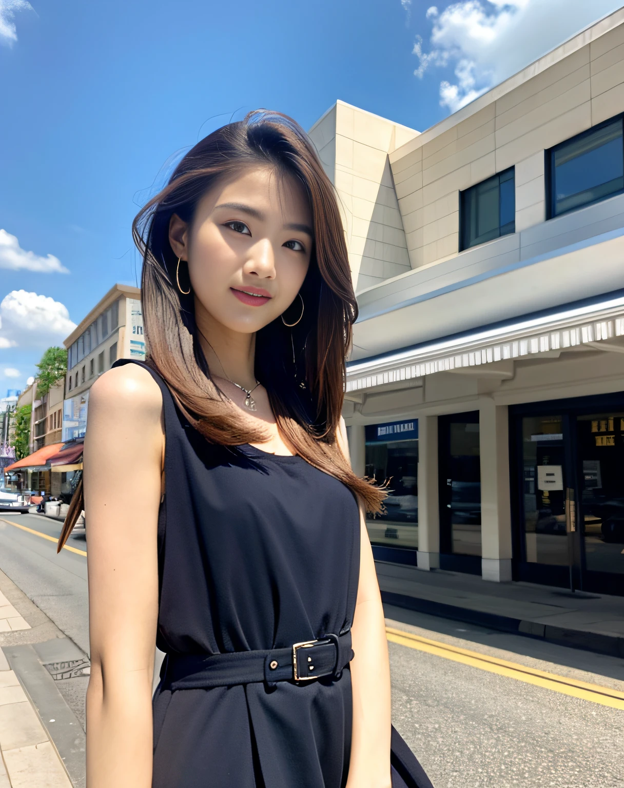 Woman posing on street corner, top-quality, hight resolution, Sleeveless dress,a gorgeous, (brow, length hair:1.5), Beautiful detailed sky, earring beautiful,
