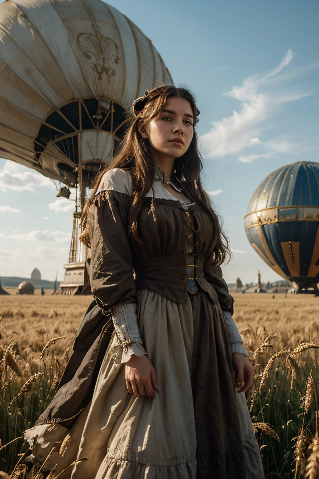 portrait of a young beautiful peasant woman dressed in rags, but with beautiful hair, against the background of a steampunk-style airship landing over a field of wheat, imperial Victorian city domes column colossal building