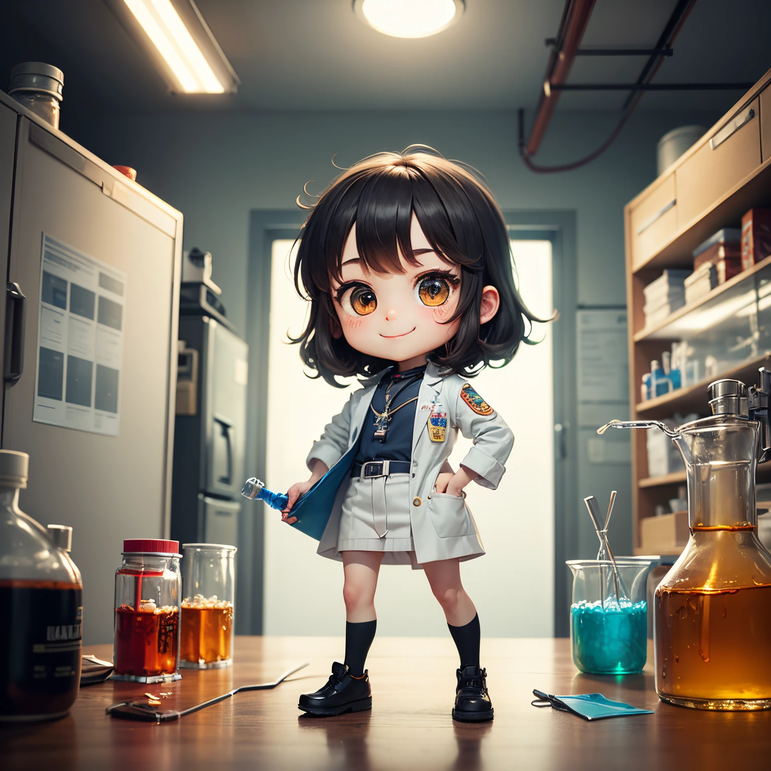 masterpiece、top-quality、ultra-detailliert、(chibi character scientist:1.3)、labo、mysterious liquid experiment、dressed in one's clothes、Laboratory maintenance loan、Standing、A smile