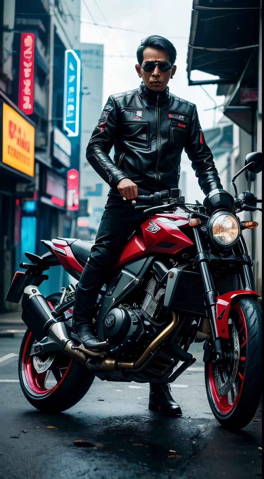 cyber punk Jokowi Indonesian, motor bike,(top-quality、8K、32K、​masterpiece)、(The ultra -The high-definition)、(Photorealsitic:1.4), dynamic pose, cowboy shot, cyberpunk fashion,depth of fields, cyberpunk city background, cinematic lighting.