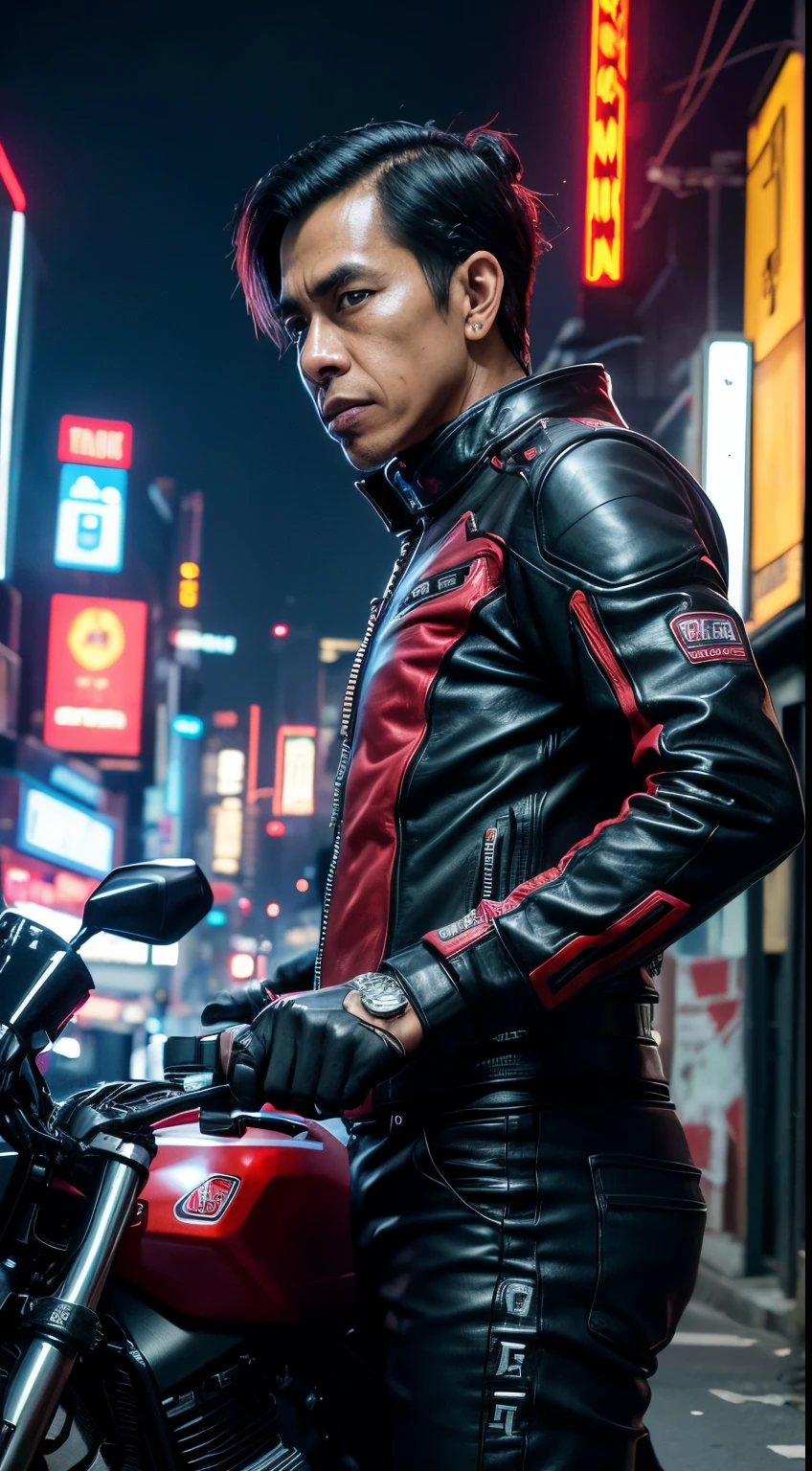 cyber punk Jokowi Indonesian, motor bike,(top-quality、8K、32K、masterpiece)、(The ultra -The high-definition)、(Photorealsitic:1.4), dynamic pose, cowboy shot, cyberpunk fashion,depth of fields, cyberpunk city background, cinematic lighting.