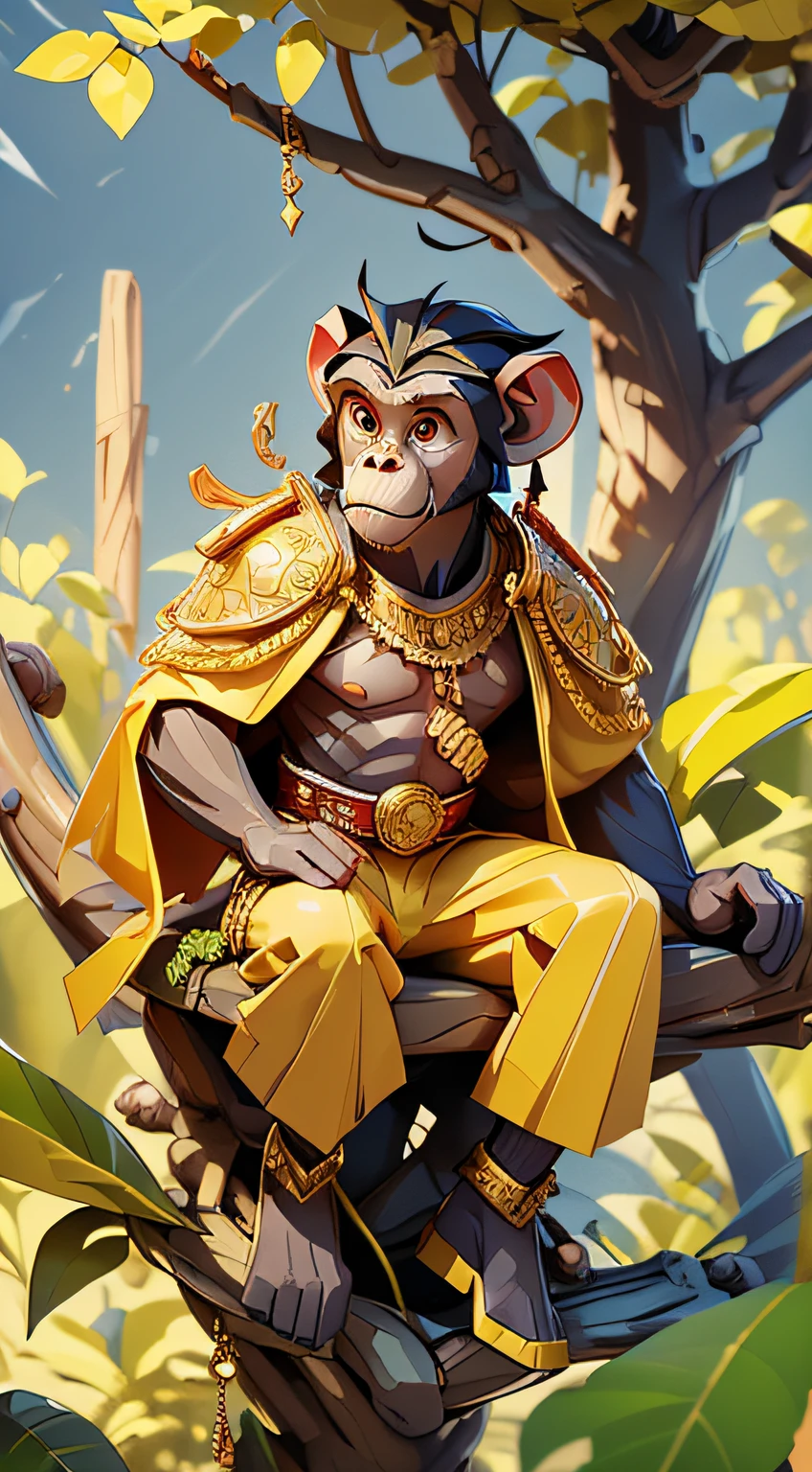 Create the image of a small and thin young chimpanzee, he is the son of the monkey king and wears golden clothes of nobility, and is on top of a tree. in the style of the movie Planet of the Apes. are in a forest