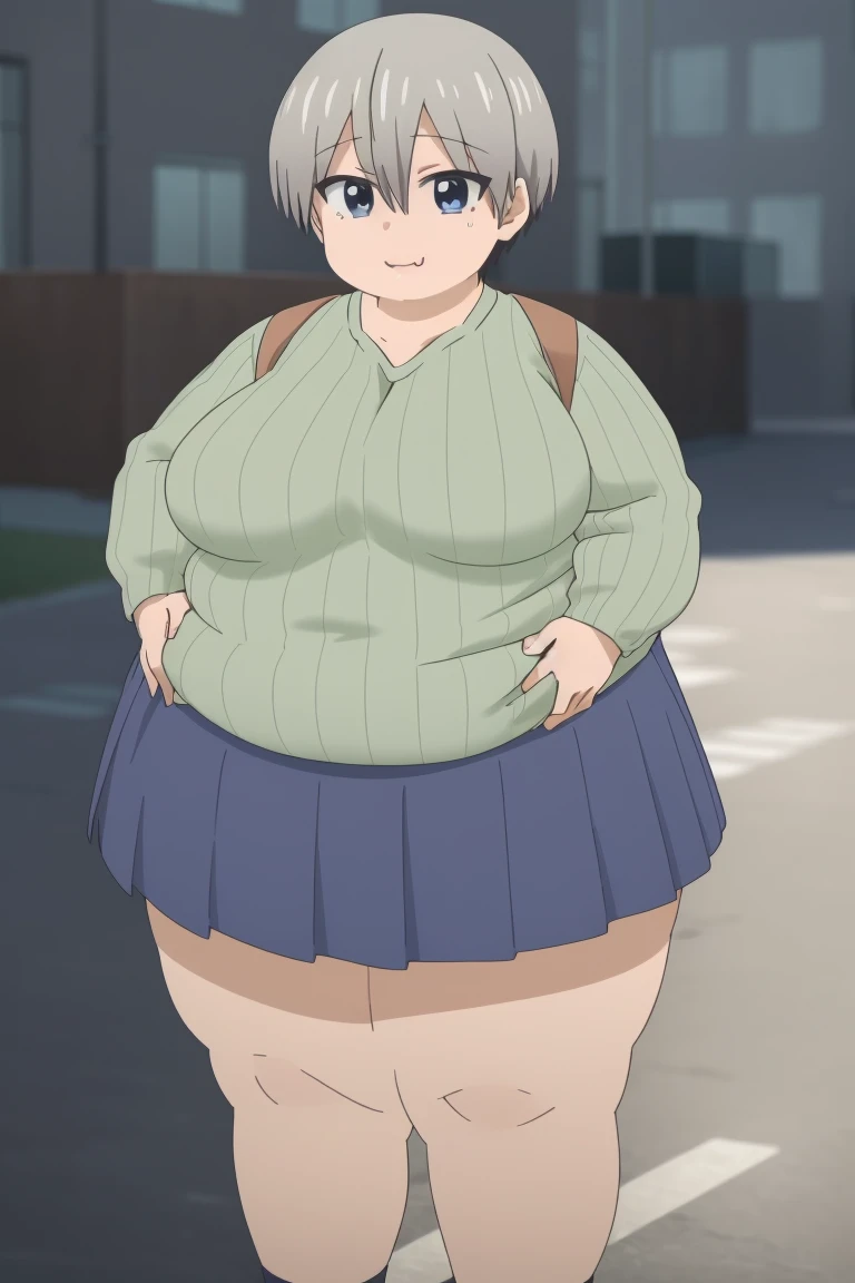 1girl,oh®́is it±,short hair,blue eyes,bangs,skin fang,grey hair,fang,hair between eyes,large breasts,  fat girl, obese, pleated skirt,blue skirt,green sweater,long sleeves,collarbone,ribbed sweater,v-neck,green shirt, big cheeks, obese, fat arms, fat belly, thick thighs, cute and fat facebackpack,fat uzaki, Exquisite visuals, high-definition,masterpiece,best quality, fat neck, cute pose, happy