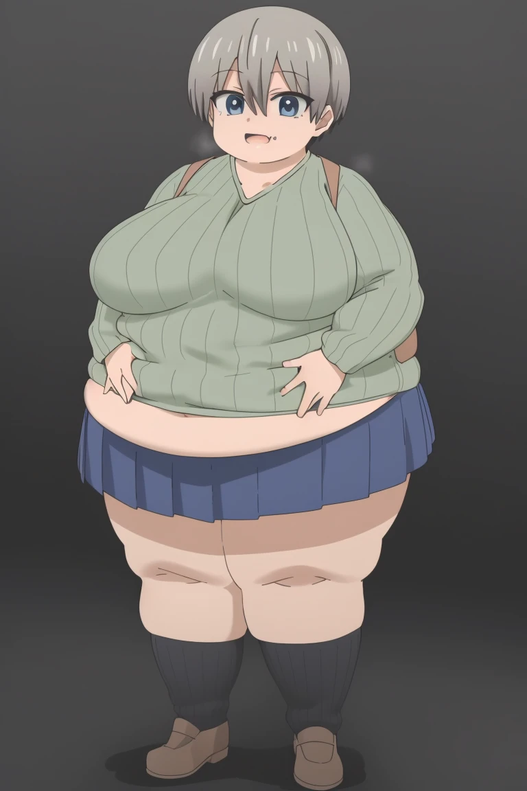 1girl,oh®́is it±,short hair,blue eyes,bangs,skin fang,grey hair,fang,hair between eyes,large breasts,  fat girl, obese, pleated skirt,blue skirt,green sweater,long sleeves,collarbone,ribbed sweater,v-neck,green shirt, big cheeks, obese, fat arms, fat belly, thick thighs, cute and fat facebackpack,fat uzaki, Exquisite visuals, high-definition,masterpiece,best quality, fat neck, cute pose, happy