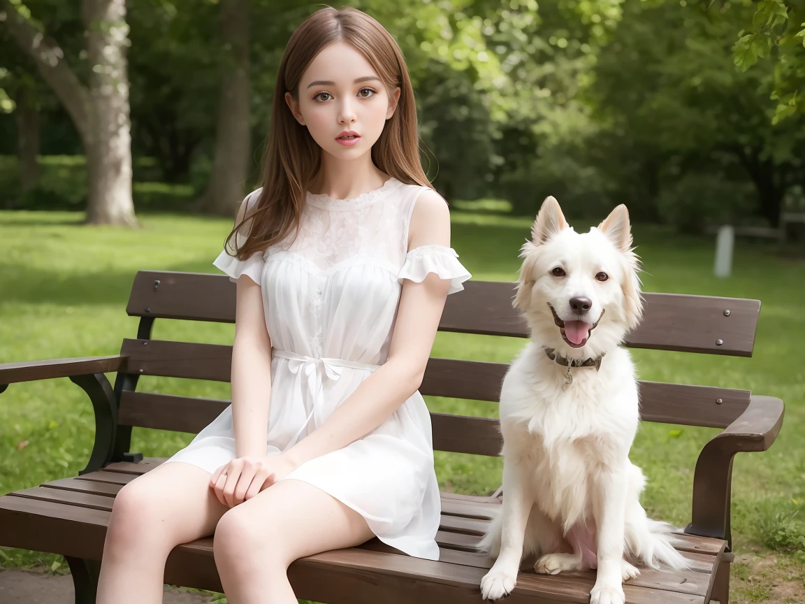 arafed woman sitting on a bench in a park with a dog, portrait sophie mudd, dilraba dilmurat, lovely delicate face, 2 4 year old female model, beautiful delicate face, soft flawless pale skin, very pretty face, anna nikonova aka newmilky, bella poarch, soft portrait shot 8 k, kailee mandel