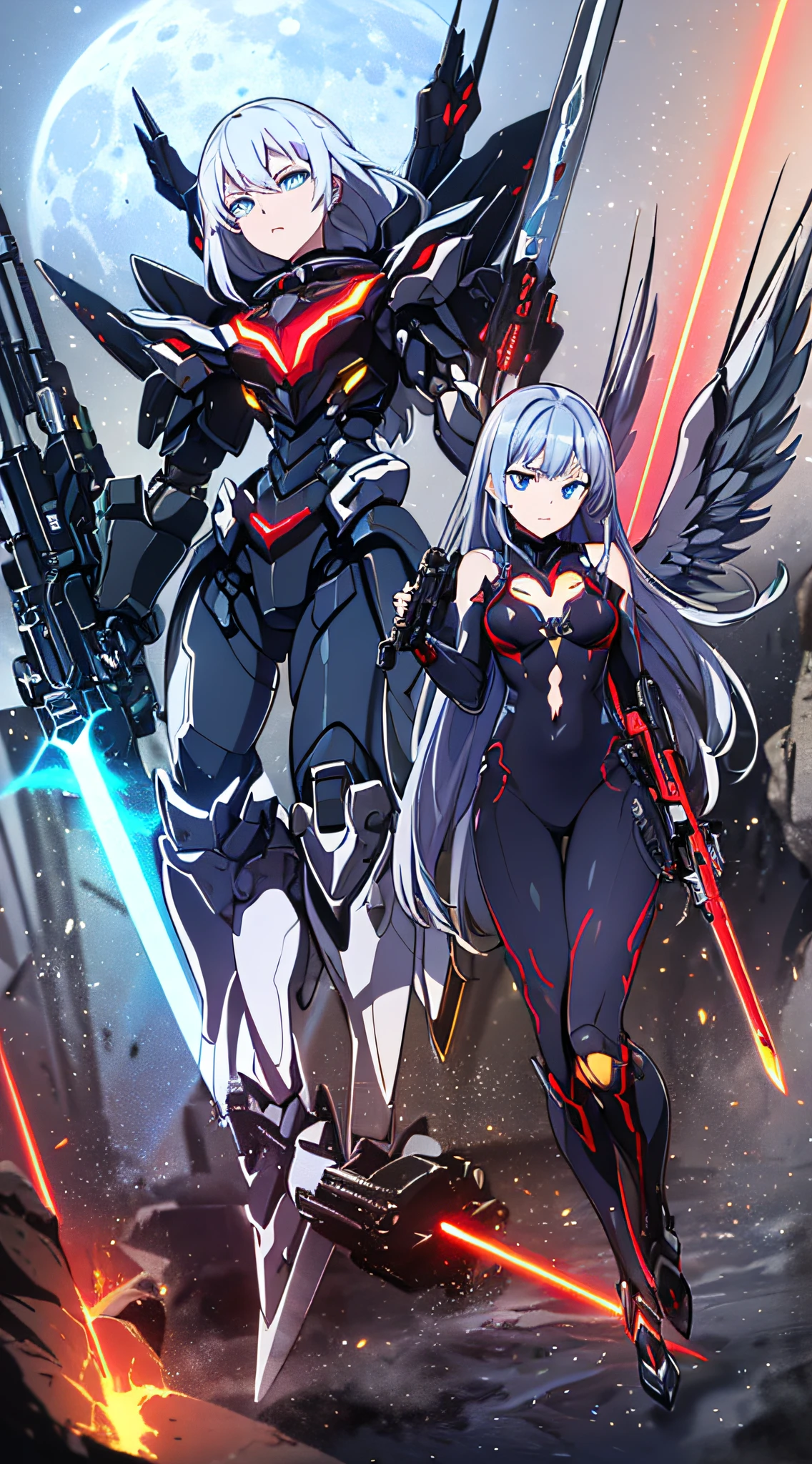 top-quality、Top image quality、masterpiece、hiquality、Beautiful Art、masutepiece、visualart、depth of fields、Giant Mecha((Black and red body、left arm machine gun、right arm laser sword、Glowing chest、mechanical silver wings、blue eyess、spiny feet)),Background with((Lunar base)