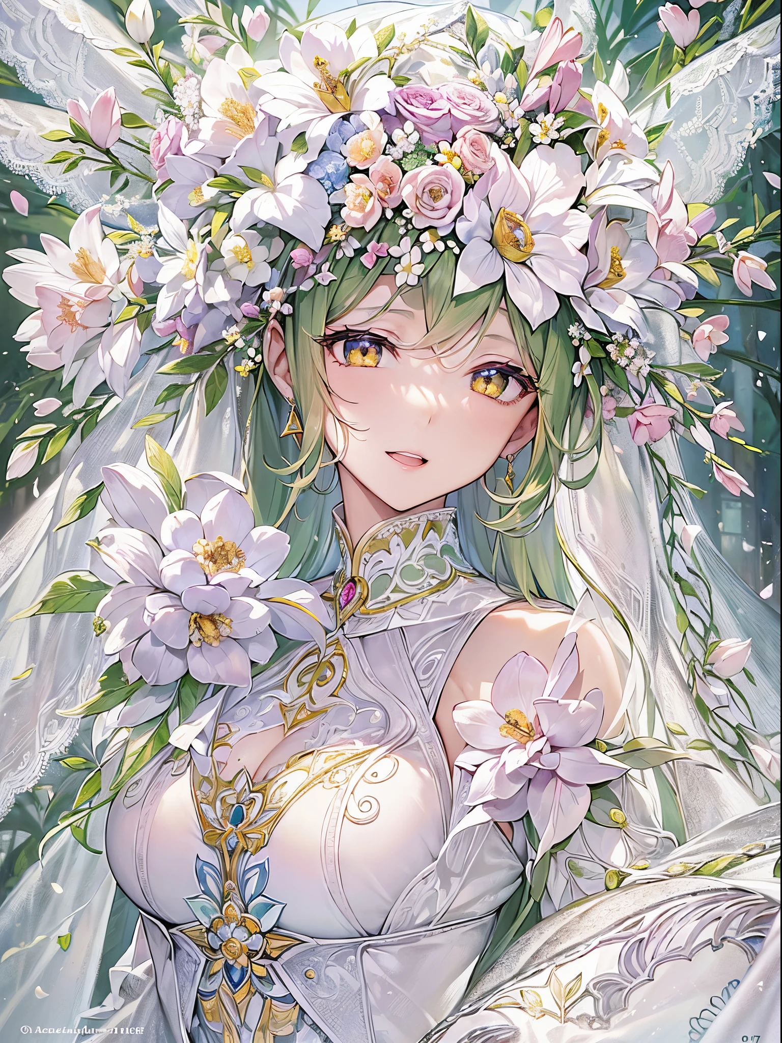 ((Finest quality)),(超A high resolution),(ultra-detailliert),(Meticulous portrayal),((Best Anime)),(Finest works of art),Ultra-Precision Art,The art of astounding depiction,Intricate fantasy art:1.5, (1人の女性:1.5),((bride:1.5)),((beautiful crown of flowers:1.5)),(Pure White Wedding Dresses),Intricate and detailed lace, stain glass, Blessings of Angels:1.3