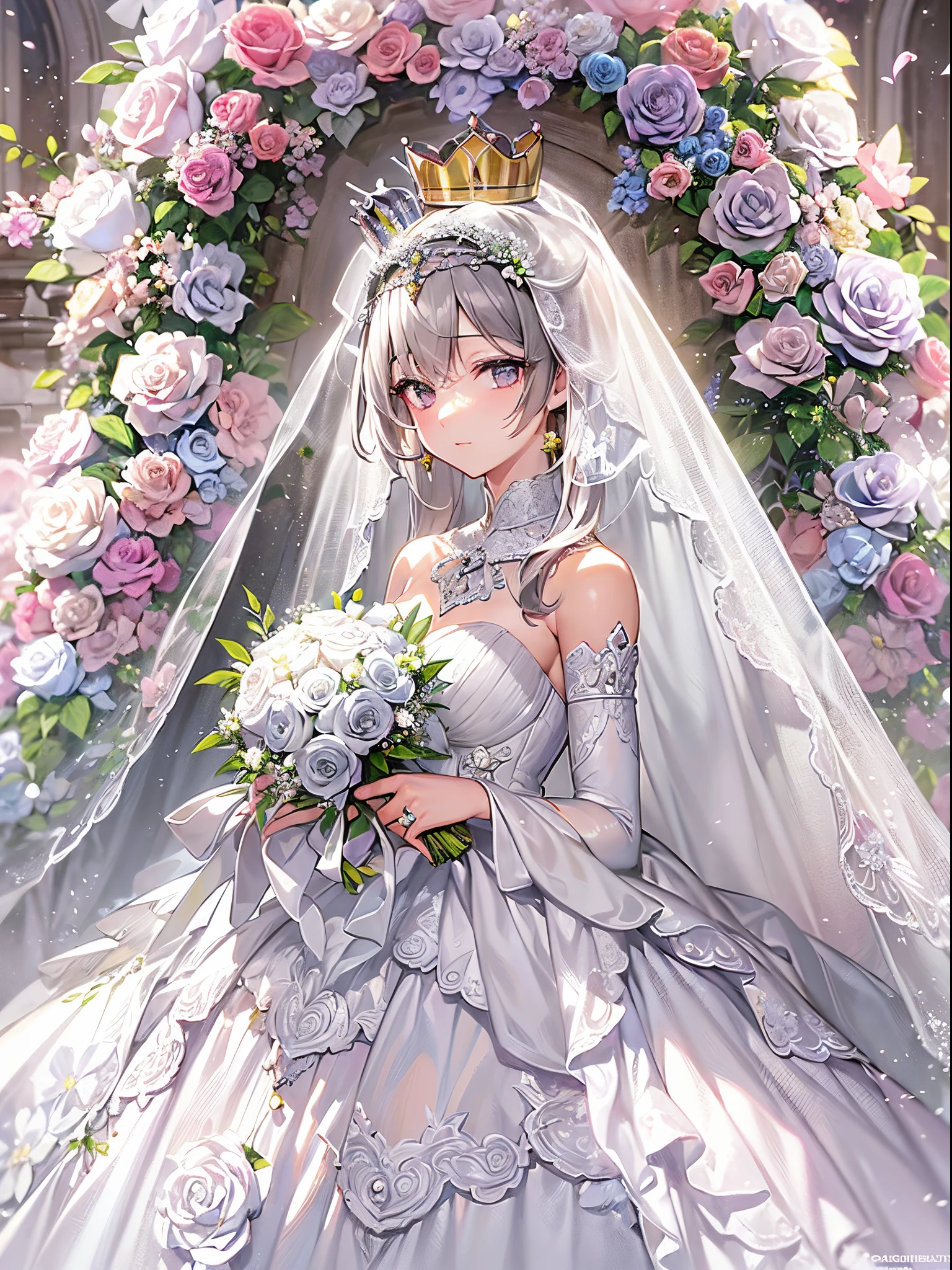 ((Finest quality)),(超A high resolution),(ultra-detailliert),(Meticulous portrayal),((Best Anime)),(Finest works of art),Ultra-Precision Art,The art of astounding depiction,Intricate fantasy art:1.5, (1人の女性:1.5),((bride:1.5)),((beautiful crown of flowers:1.5)),(Pure White Wedding Dresses),Intricate and detailed lace, stain glass, Blessings of Angels:1.3