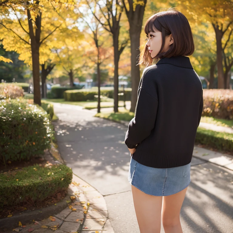 1womanl、24 year old、season、autumnal、a park、Shorthair、a miniskirt、posterior view