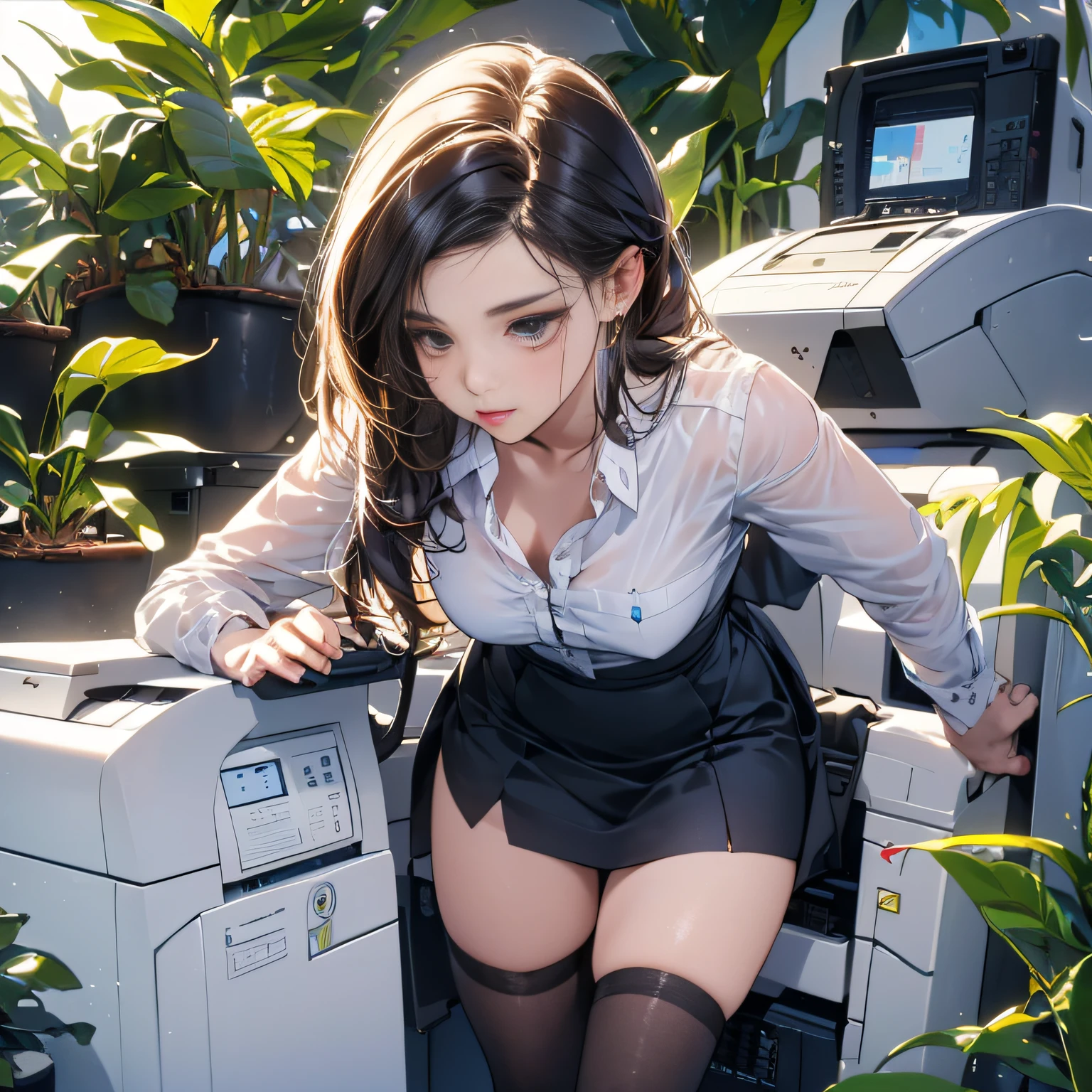 (looking away, shift off center, cinematic perspective), 1woman, (((Precise facial depiction))), (((X stands for the copy machine in this prompt))), ((put on her thighs X))), (orgasm face), ((wearing suit)), small earrings, small breast, tight skirt, ((plants)), in the office,