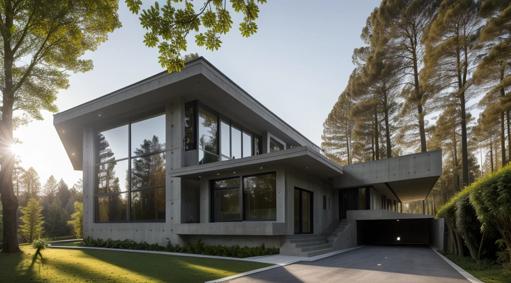 dvArchModern, 85mm, f1.8, portrait, photo realistic, hyperrealistic, orante, super detailed, intricate, dramatic,sunlight lighting, shadows, high dynamic range, (Villa in the forest), concrete house, masterpiece,best quality,(8k, RAW photo:1.2),(( ultra realistic)),
