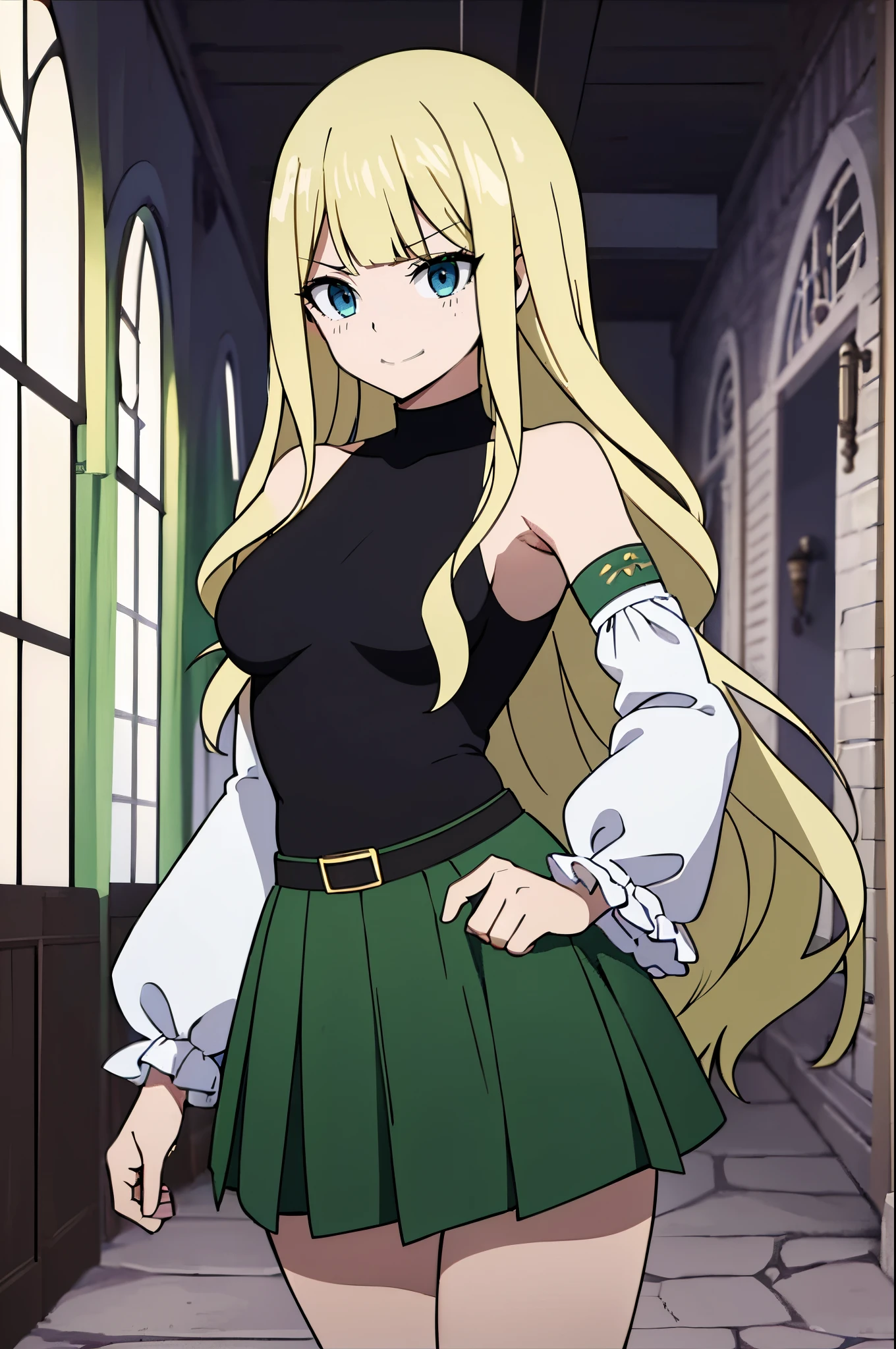 Safe for work, masterpiece, best quality, solo, 1 girl, wholesome girl, (young female body:1.4), ( medium small breasts), cowboy shot, shy smile, flustered, yellow golden wavy hair, extra long blonde hair, hime cut, light sky blue eyes, very detailed eyes, good details, indoors hallway, griffin style clothes, dark green skirt, knife pleated green skirt, black sleeveles top, black top, belt, blunt bangs, very long hair, griffin style, medium long skirt, slytherin green skirt, fantasy clothes, detached sleeves, black knee high socks, green clothes, light blue eyes