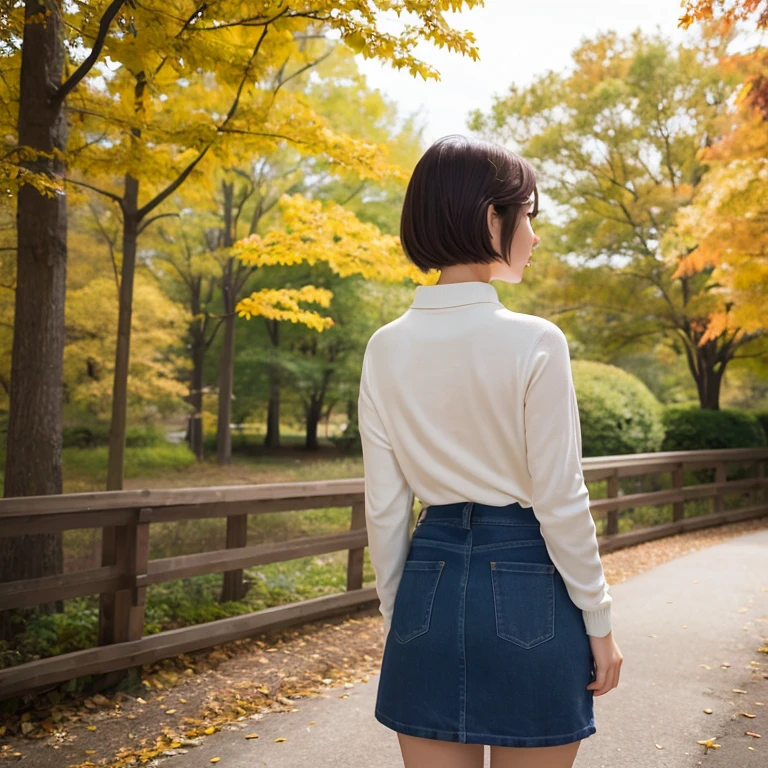 1womanl、24 year old、season、autumnal、a park、Shorthair、a miniskirt、posterior view、white clothes