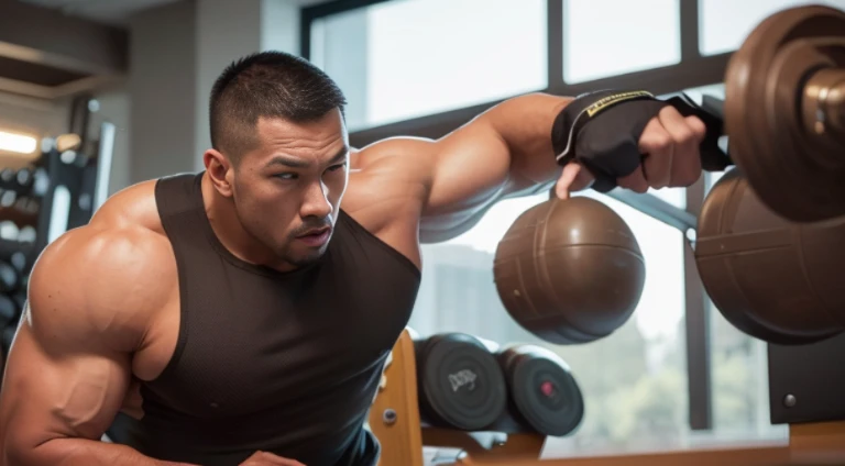 (Very detailed 8k wallpaper), Strong Asian Men, At the gym, high detailing, buzzcut, very large and strong body, bulging muscles, well-muscled, very large pectoral muscles. Very sexy abs, legs are muscular, Toned figure, lightens oily skin, muscular, Tank top, T-shirt, longshot, Wide Shot