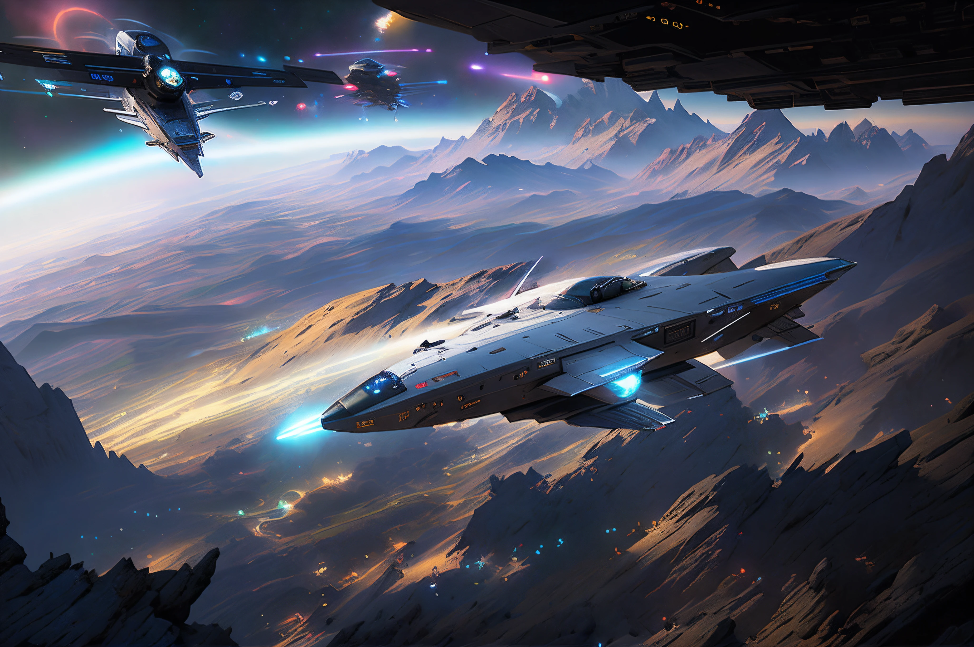 A spaceship flying over the Sky Mountains, star citizen digital art, in the style star trek 8 k, sci - fi spaceship in combat, epic beautiful space scifi, 4 k hd wallpaper c 1 7, HQ 4K wallpaper, wallpaper hd, star citizen halo, scifi spaceship, 8 K high detail concept art, Sci-fi fantasy wallpaper