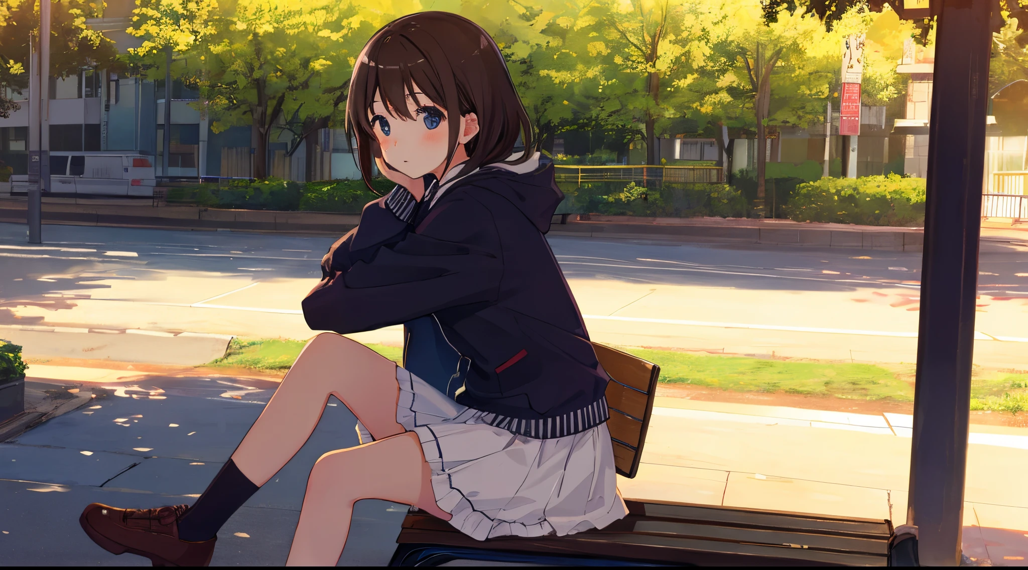 girl with、Sitting on a bench、natta