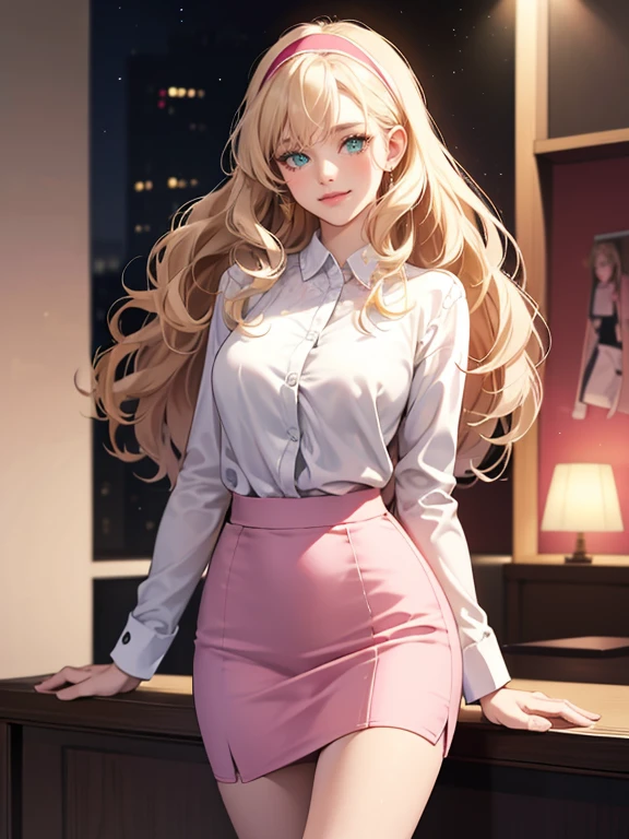 mature woman, medium breasts, pale blonde hair with bangs, wavy hair falling down the shoulders, green eyes, pink lips color, seduce smile, blush, naughty face, wearing red headband, wearing white shirt and pink pencil skirt, Surrealism, anime style, depth of field, 8k, super detail, high details, Cinematic lighting, night time, shadow over face, Close-up, camera from the bottom up, hyper HD, Masterpiece, High details, detailed light, detailed shadow, detailed background, background: office, standing in front of a desk