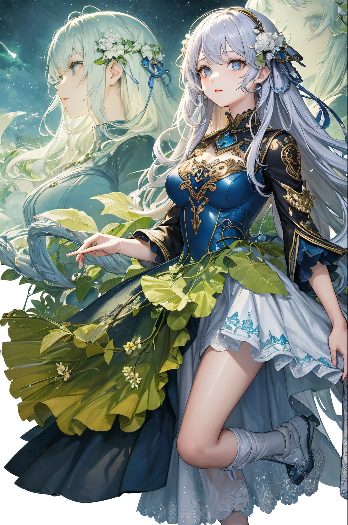 ultra-detailliert、anime illustrated、2D Beautiful Girl、top-quality、Top image quality、​masterpiece、超A high resolution、android beautiful girl、, glowing blue cyber suit,Silvery long-haired、Blue eyes、A slender、The face is depicted in detail、The eyes are very detailed、The clothes are also depicted in detail、hiquality、Beautiful Art、Fantastic Universe、Elaborate design、soio、goddess of plants、animesque、illustratio、Full body front