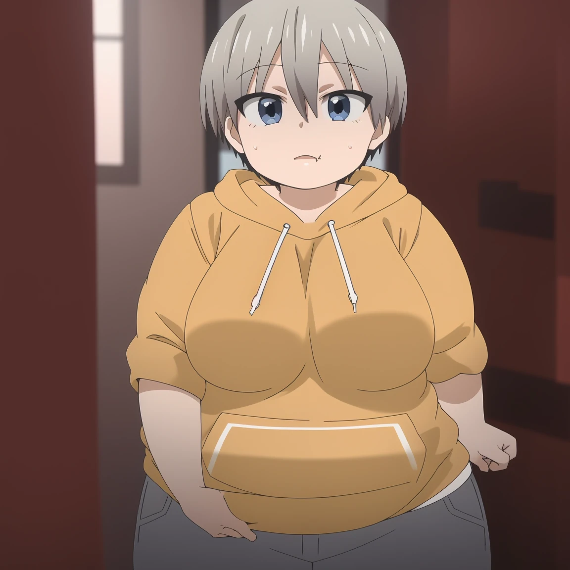 1girl,oh®́è±, fat uzaki hana, obese body, short hair,blue eyes,bangs,skin fang,grey hair,fang,hair between eyes,large breasts, nsfw, bigh cheeks, fat neck, fat arms, fat body, thick thighs, fat belly, fluffy, cute and fat face, strap between breasts,hood,hoodie,yellow hoodie,collarbone,, Exquisite visuals, high-definition,masterpiece,best quality, HD