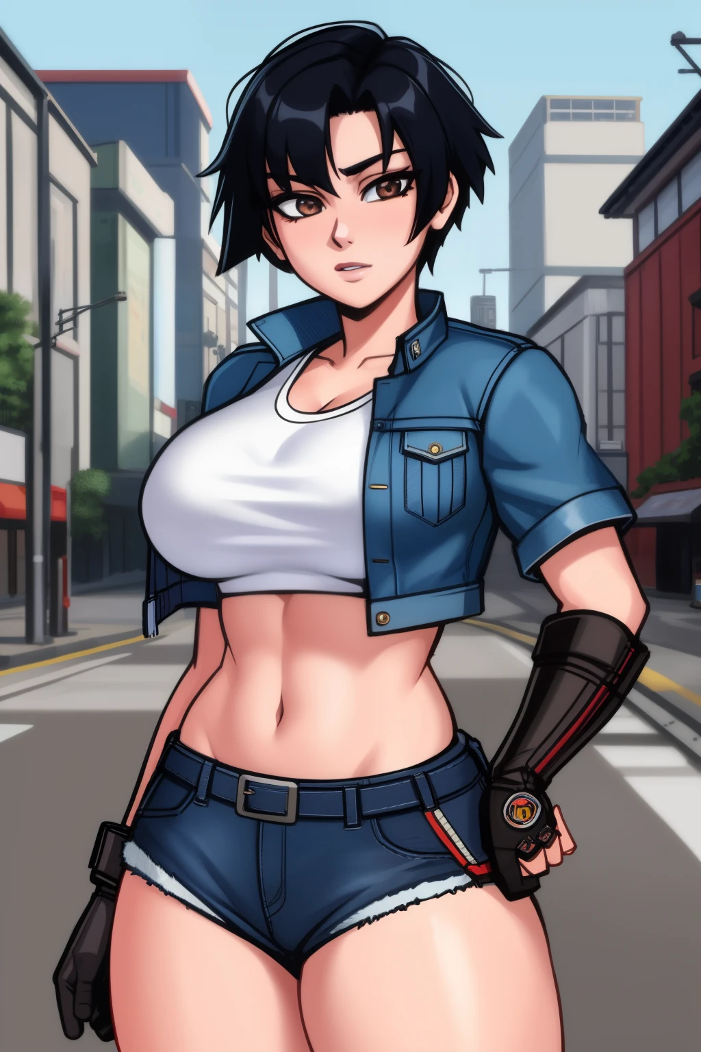 Masterpiece,8k, perfect face highly detailed,HDR, ultra realistic photoshoot, absurdres,award winning photo, extremely detailed, amazing, fine detail, 
KazAsuka, Japanese woman, blue crop top, big breasts, denim jacket and minishorts, short black hair, MMA gloves, posing for a picture, in the streets of Osaka