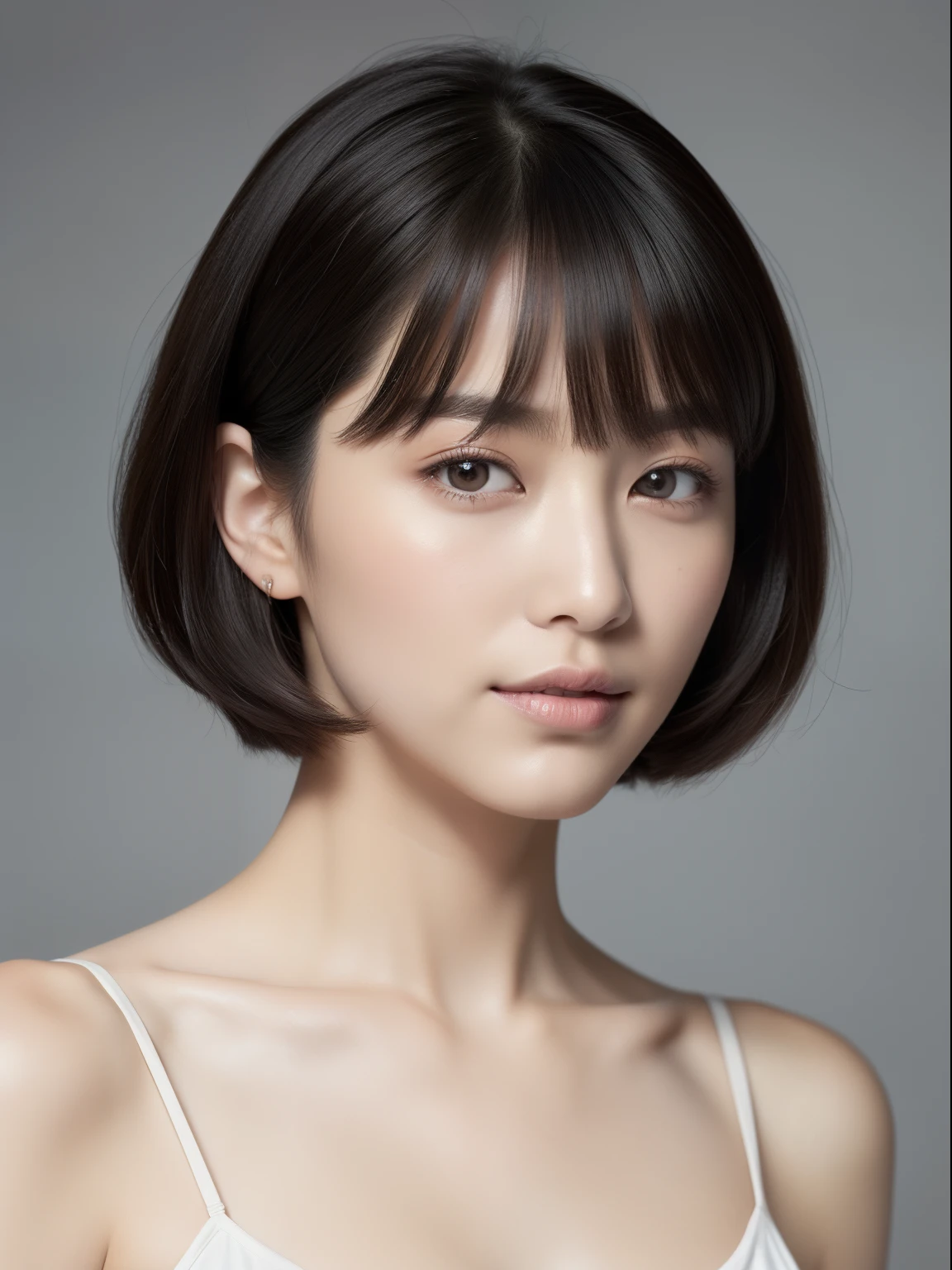 (High resolution:1.3), (16k, Photorealistic, Raw photo, Best image quality: 1.4), Japanese, (One Girl), Beautiful Face, (A vivid face), (Black-haired、short hair:1.3), Beautiful Hairstyles, Realistic eyes, Beautifully detailed eyes, (Realistic Skin), Beautiful skins, attractive, 超A high resolution, Surreal, High detail, Golden Ratio, Highly detailed cute girl,(20-year-old),  ((Completely naked)), Hand on chin