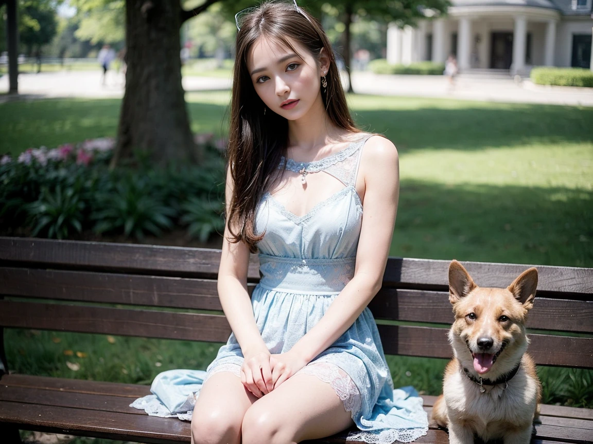 arafed woman sitting on a bench in a park with a dog, portrait sophie mudd, dilraba dilmurat, lovely delicate face, 2 4 year old female model, beautiful delicate face, soft flawless pale skin, very pretty face, anna nikonova aka newmilky, bella poarch, soft portrait shot 8 k, kailee mandel