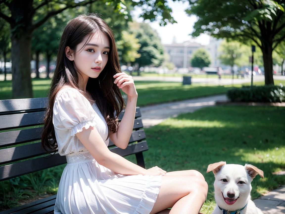 arafed woman sitting on a bench in a park with a dog, portrait sophie mudd, dilraba dilmurat, lovely delicate face, 2 4 year old female model, beautiful delicate face, soft flawless pale skin, very pretty face, anna nikonova aka newmilky, bella poarch, soft portrait shot 8 k, kailee mandel