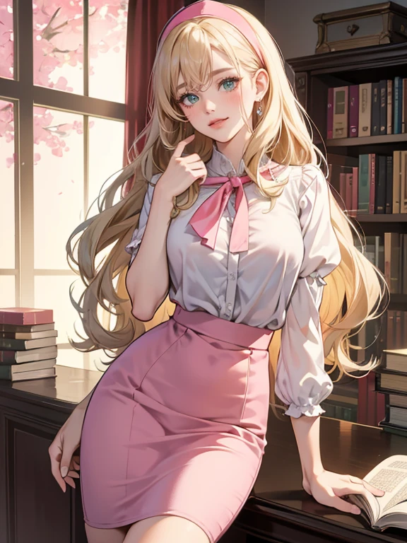 mature woman, medium breasts, pale blonde hair with bangs, wavy hair falling down the shoulders, green eyes, pink lips color, seduce smile, blush, naughty face, wearing red headband, wearing white sleeve-less blouse and pink pencil skirt, Surrealism, anime style, depth of field, 8k, super detail, high details, Cinematic lighting, night time, shadow over face, Close-up, camera from the bottom up, hyper HD, Masterpiece, High details, detailed light, detailed shadow, detailed background, background: office, standing in front of a desk, holding books and files