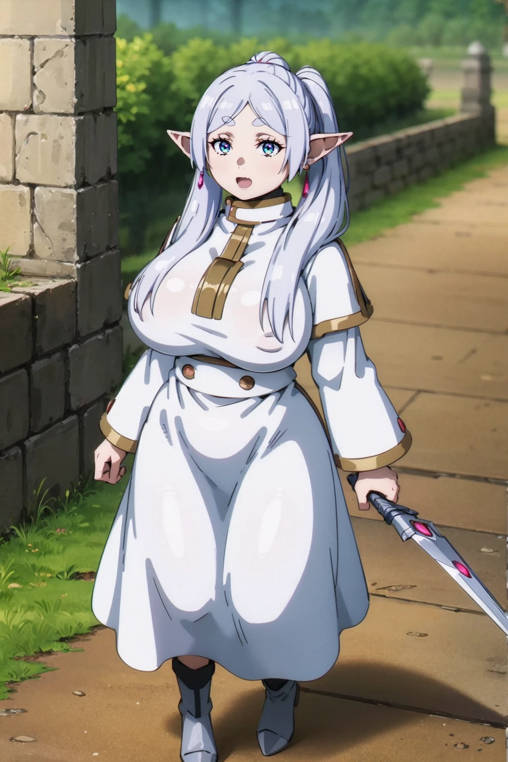 1girl,solo,elf,white hair,grey hair,earrings,pointy ears,long hair,ponytail,green eyes,twintails,parted bangs,thick eyebrows,,, holy magicalgirl, open mouth fang, holy haura, halo, smile, joyfull, paladin, sword holding, full body , boots, standing,cute,breast, curvy, female,fantasy goddess,there is a cartoon picture of a woman with a very large breast, glowing angelic being, glowing holy aura, inspired by Luma Rouge, the non-binary deity of spring, ethereal rainbow nimbus, the butterfly goddess of fire, inspired by Mariel, glowing aura around her, astral fairy, as the goddess of the sun, “uwu the prismatic person, big breast, happy, beautiful eyes, , full body, walking, long robe, long dress, ,priestess ,holy, smile, god rays, ray tracing, sparkle, cinematic lighting, UHD, retina, masterpiece, ccurate, anatomically correct, textured skin, super detail, high details, high quality, award winning, best quality, highres, 1080P, HD, 4K, thunder aura, light aura,full