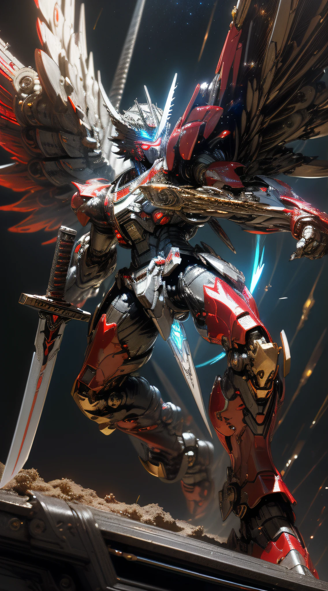 top-quality、Top image quality、masterpiece、hiquality、Beautiful Art、masutepiece、visualart、depth of fields、Giant Mecha((Black and red body、left arm machine gun、Right Arm Laser Sword、Glowing chest、mechanical silver wings、blue eyess、spiny feet)),Background with((Lunar base)