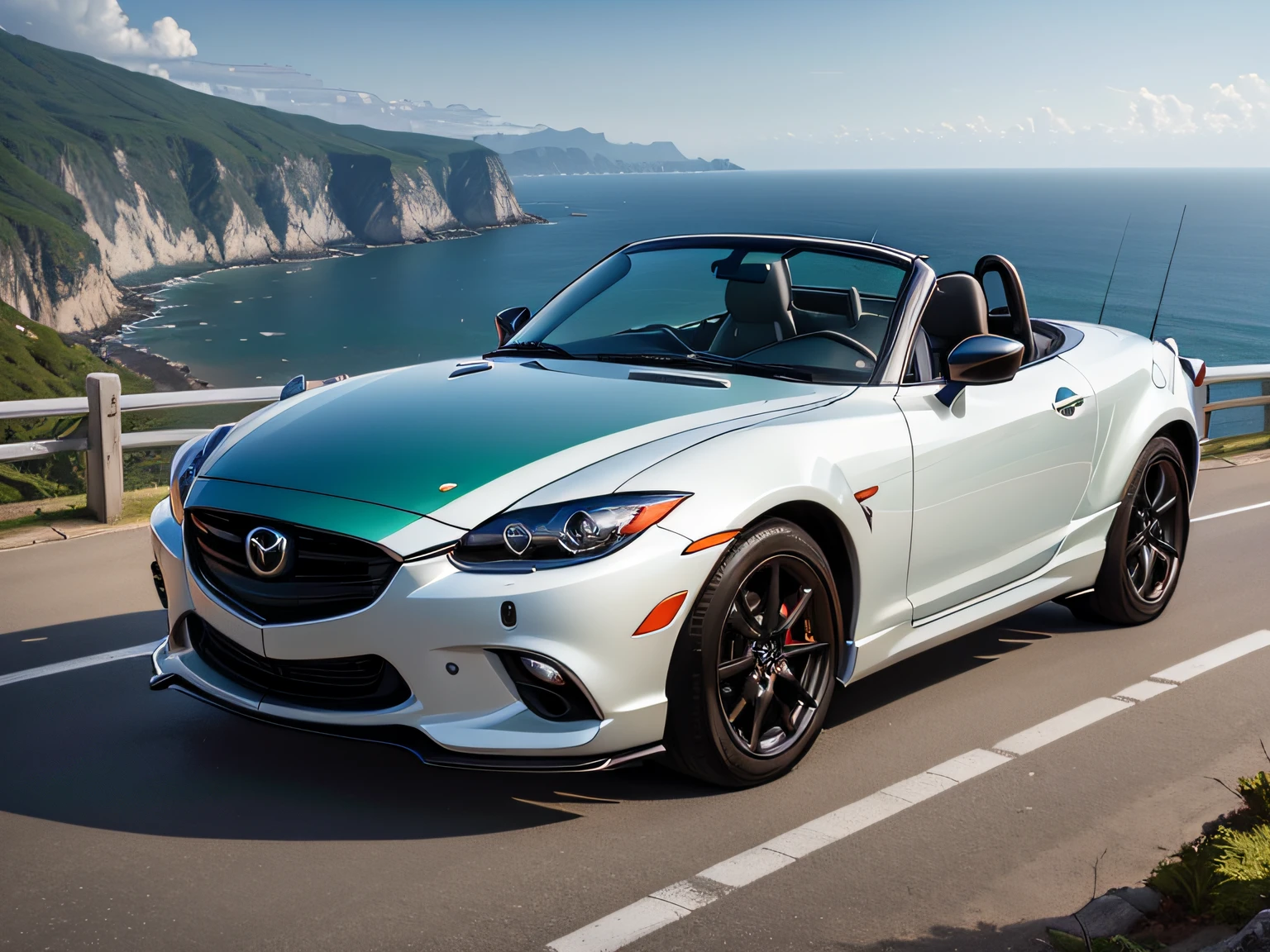 超A high resolution、An ultra-high picture quality、8K、Detailed details、marvelous expression、early summer coastline、Beautiful fresh greenery and lapping waves、A white car elegantly runs along a mountain pass road built along the coast.、((Mazda Roadster 3500GT-A Gran Turismo))