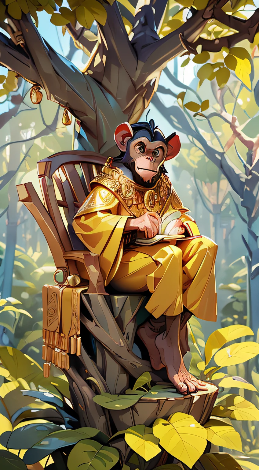 Create the image of a small and thin young chimpanzee, he is the son of the monkey king and wears golden clothes of nobility, and is on top of a tree. He is holding a book, offering it to me. in the style of the movie Planet of the Apes. are in a forest