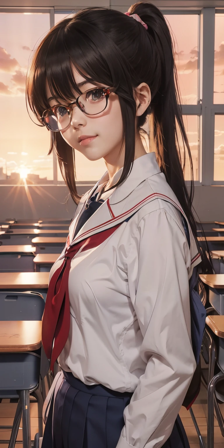 anime girl in a school uniform standing in a classroom, ，Anime cute art style, Wear round-rimmed glasses，Paired with a single ponytail。