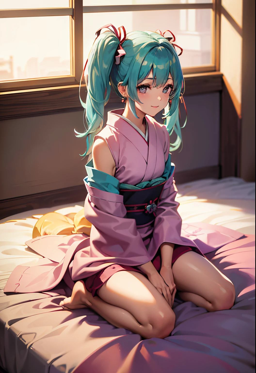 1girl, aqua hair, detached sleeves, hair ornament, japanese clothes, kimono, long hair, obi, pink kimono, sash, sitting, solo, twintails, wide sleeves, (((indoor:1.33))), (((simple room:1.33))), ((( sitting on the bed:1.33))), smiling, 1girl, aqua hair, earrings, looking at viewer, obi, parted lips, pink dress, pink kimono, sash, sitting, solo, twintails, window, (masterpiece,best quality:1.5)