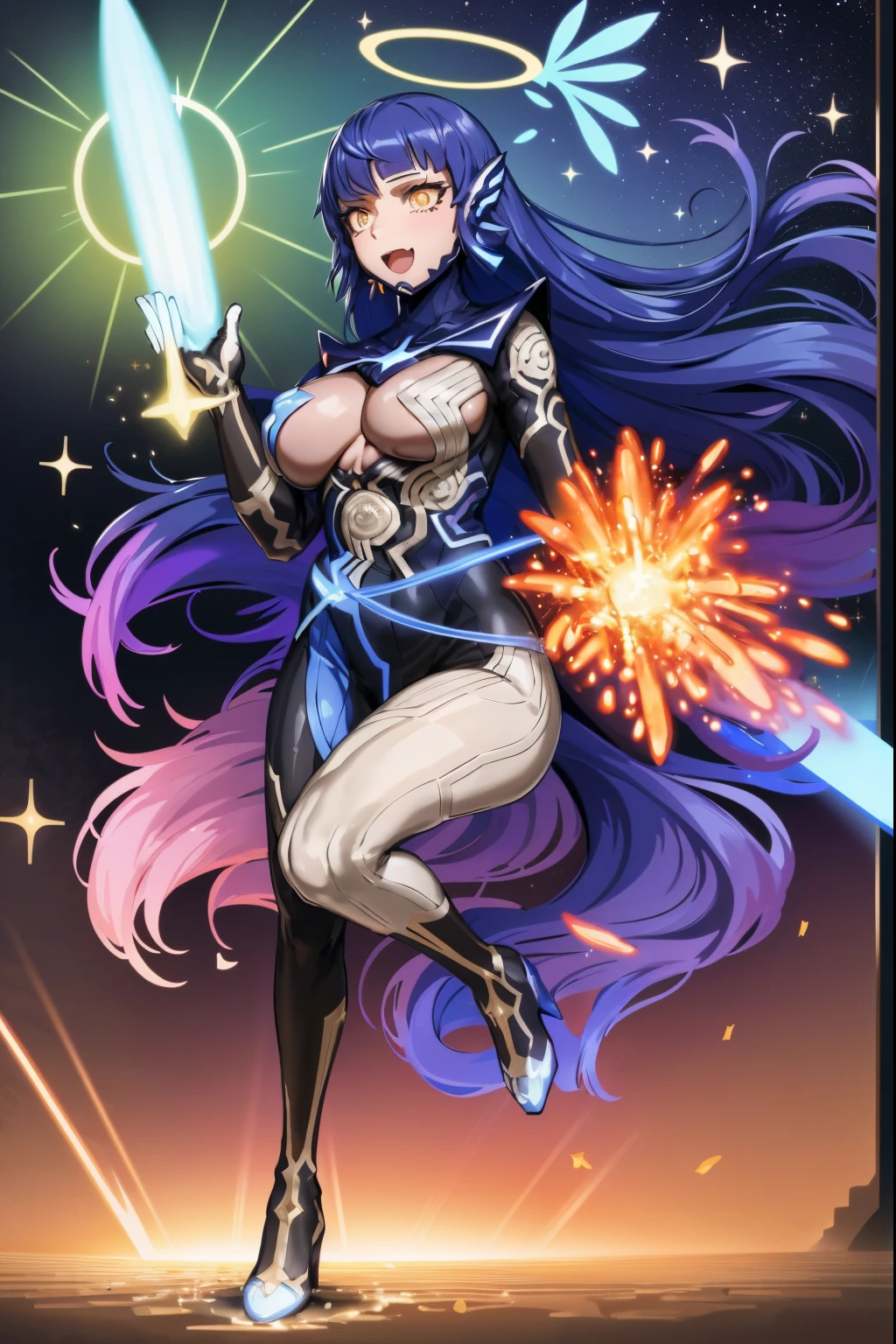 e,, holy magicalgirl, open mouth fang, holy haura, halo, smile, joyfull, paladin, sword holding, full body , boots, standing,cute,breast, curvy, female,fantasy goddess,there is a cartoon picture of a woman with a very large , glowing angelic being, glowing holy aura, inspired by Luma Rouge, the non-binary deity of spring, ethereal rainbow nimbus, the butterfly goddess of fire, inspired by Marie Angel, glowing aura around her, astral fairy, as the goddess of the sun, “uwu the prismatic person, big , happy, beautiful eyes, , full body, walking, long robe, long dress, ,priestess ,holy, smile, god rays, ray tracing, sparkle, cinematic lighting, UHD, retina, masterpiece, ccurate, anatomically correct, textured skin, super detail, high details, high quality, award winning, best quality, highres, 1080P, HD, 4K, thunder aura, light aura,full body suit, pullover, metal suit, covered 