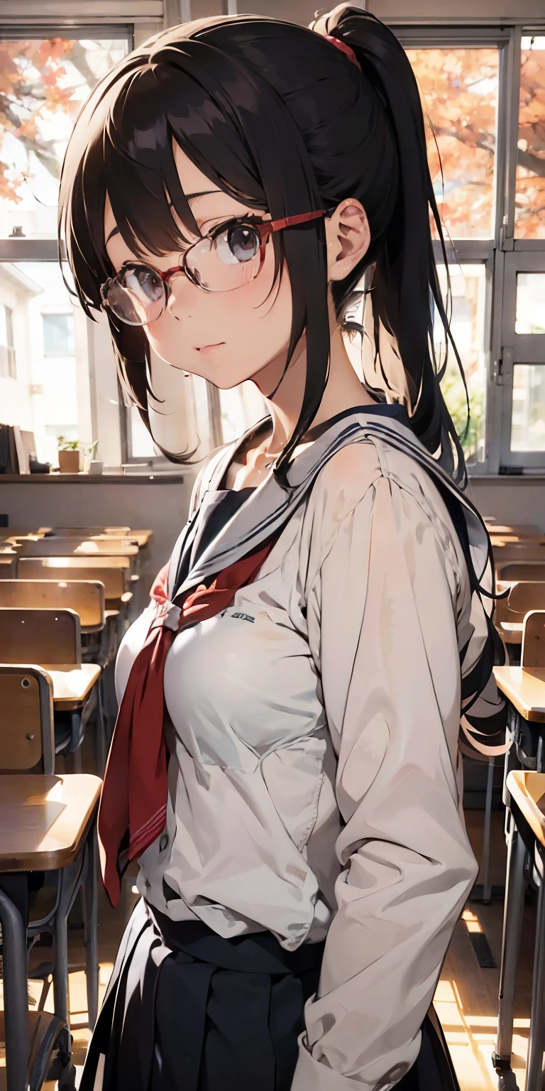 anime girl in a school uniform standing in a classroom, ，Anime cute art style, Wear round-rimmed glasses，Paired with a single ponytail。